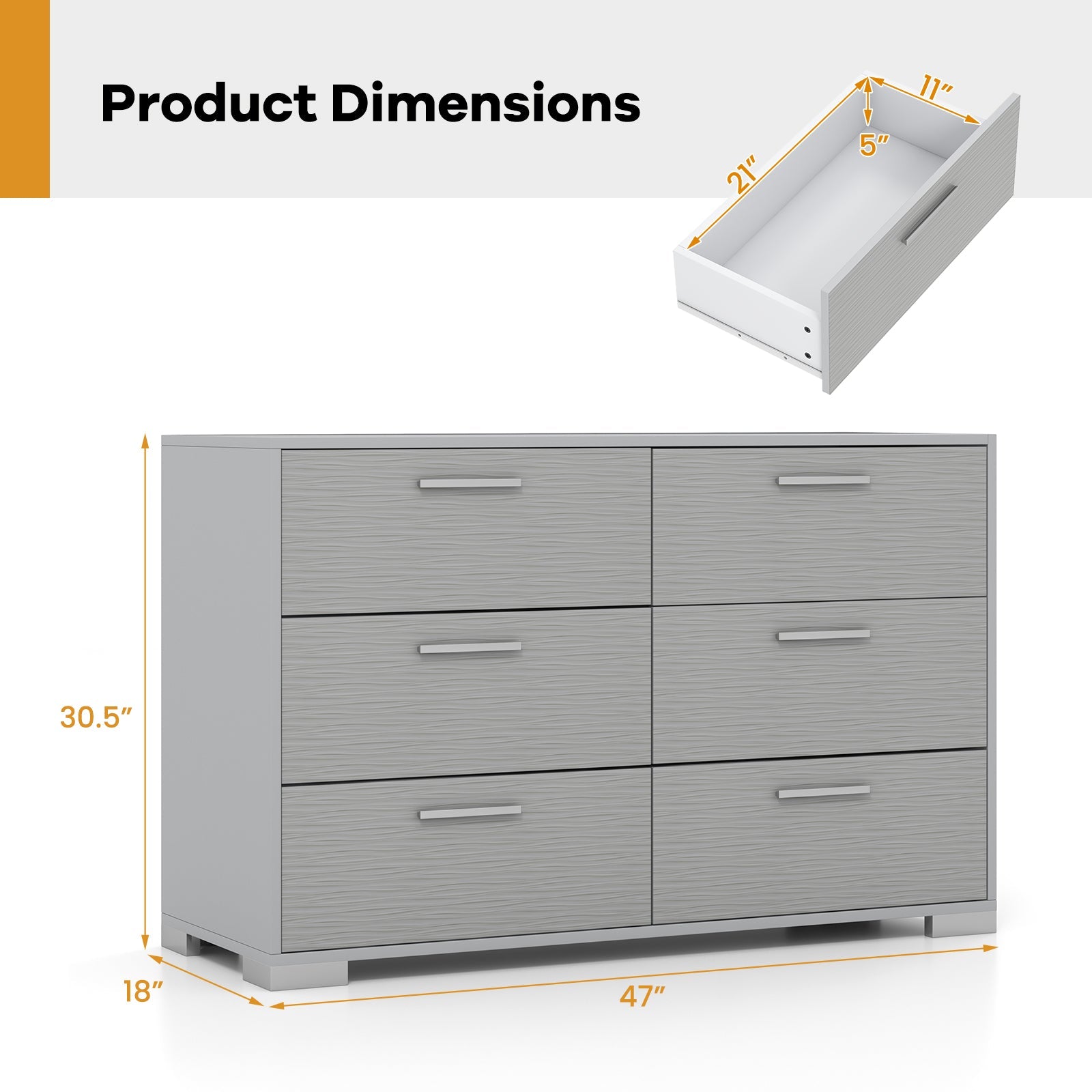 6 Drawer Storage Cabinet with Metal Legs Handles with Anti-Toppling Devices-Grey