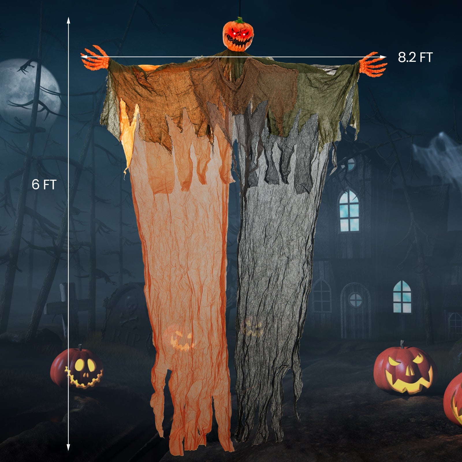 6 Feet Hanging Pumpkin Ghost with Red Glowing Eyes and Bendable Arms