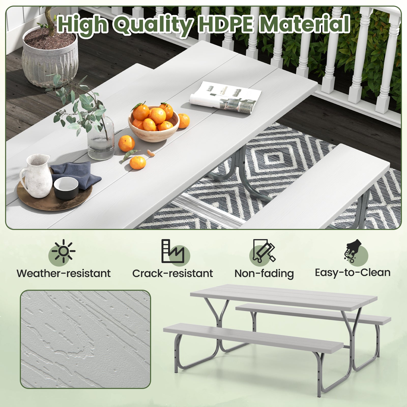 6 Feet Picnic Table Bench Set with HDPE Tabletop for 8 Person-Gray