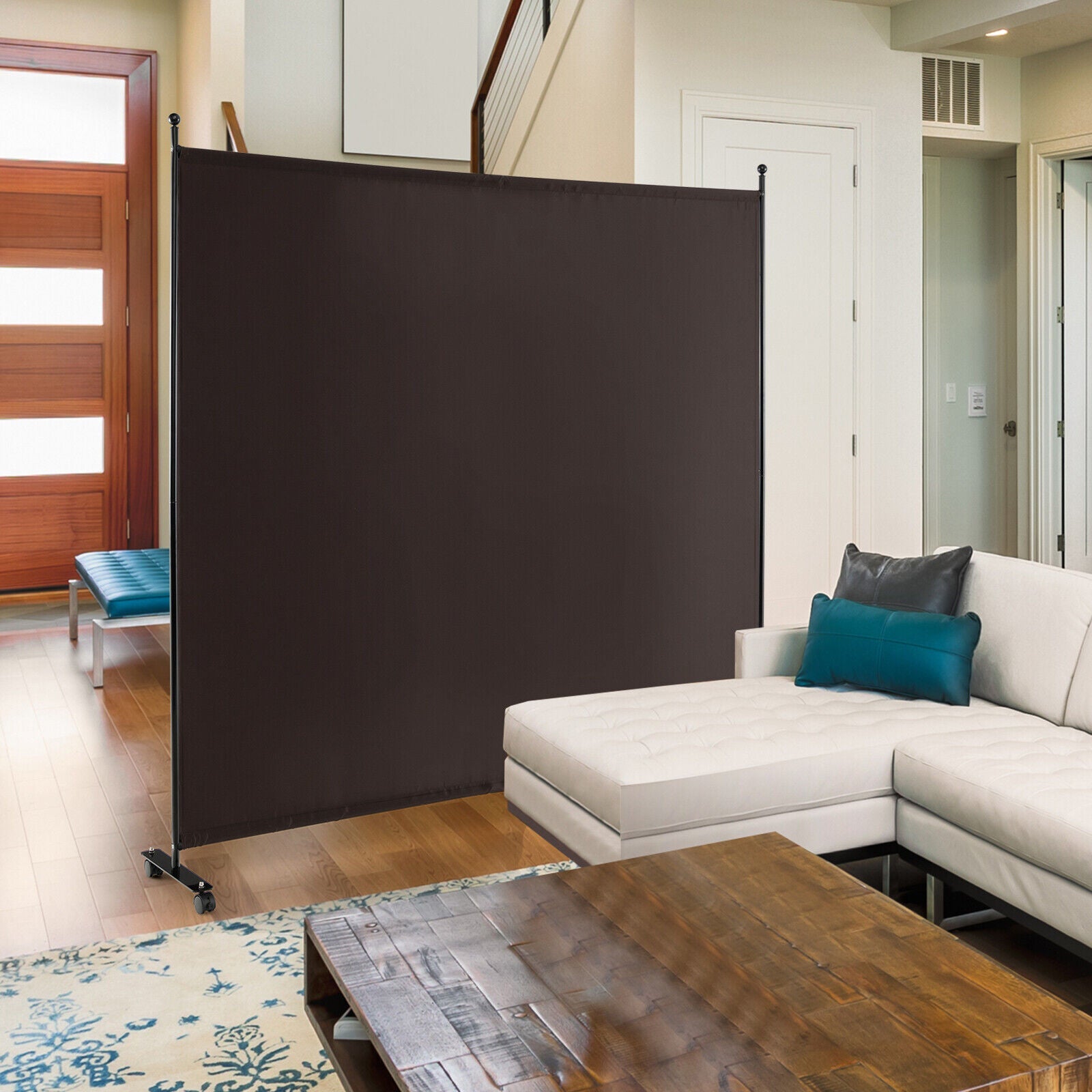 6 Feet Single Panel Rolling Room Divider with Smooth Wheels-Brown