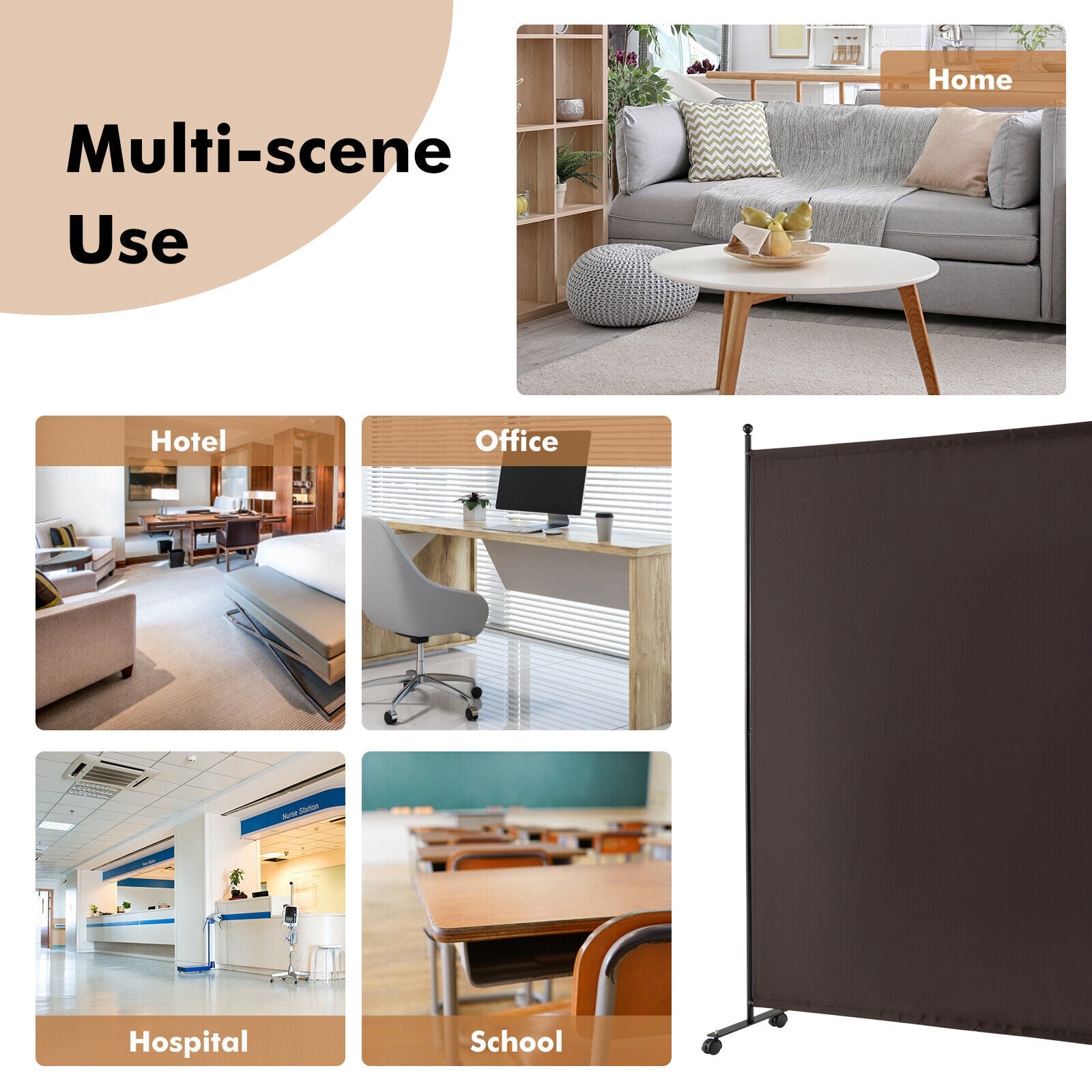 6 Feet Single Panel Rolling Room Divider with Smooth Wheels-Brown