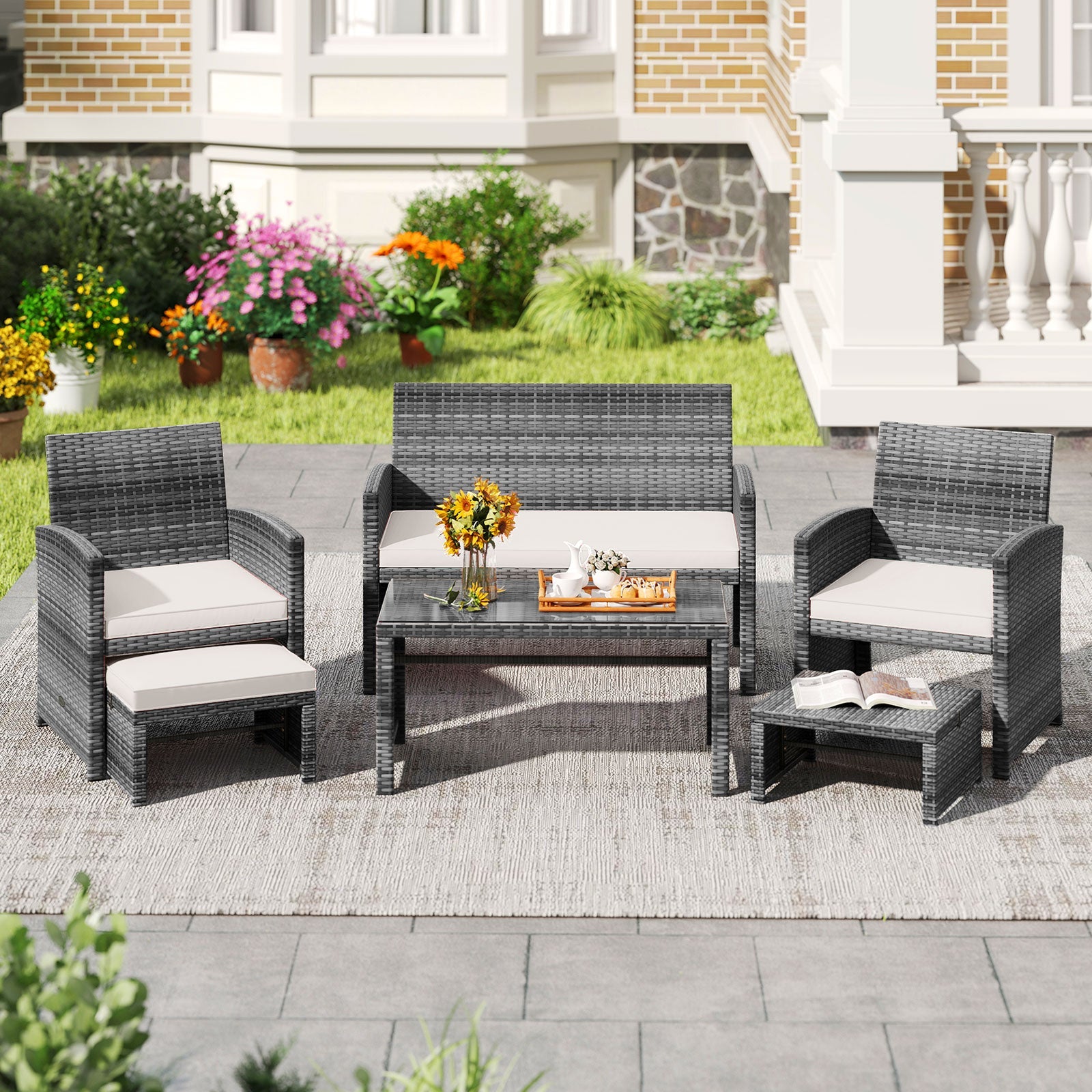 6 Pieces Patio Furniture Set Outdoor Sectional Conversation PE Rattan Sofa Set-White