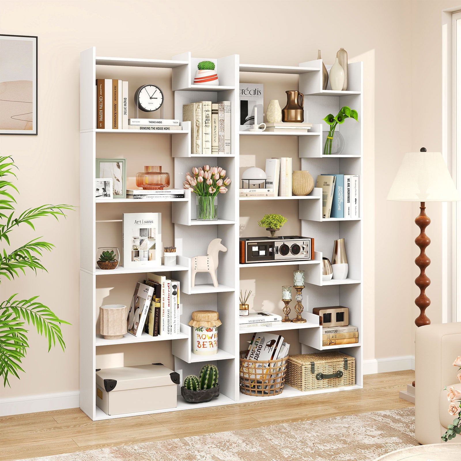 6-Tier Bookshelf Wooden Bookcase with 2 Anti-Tipping Kits Open Display Shelf-White