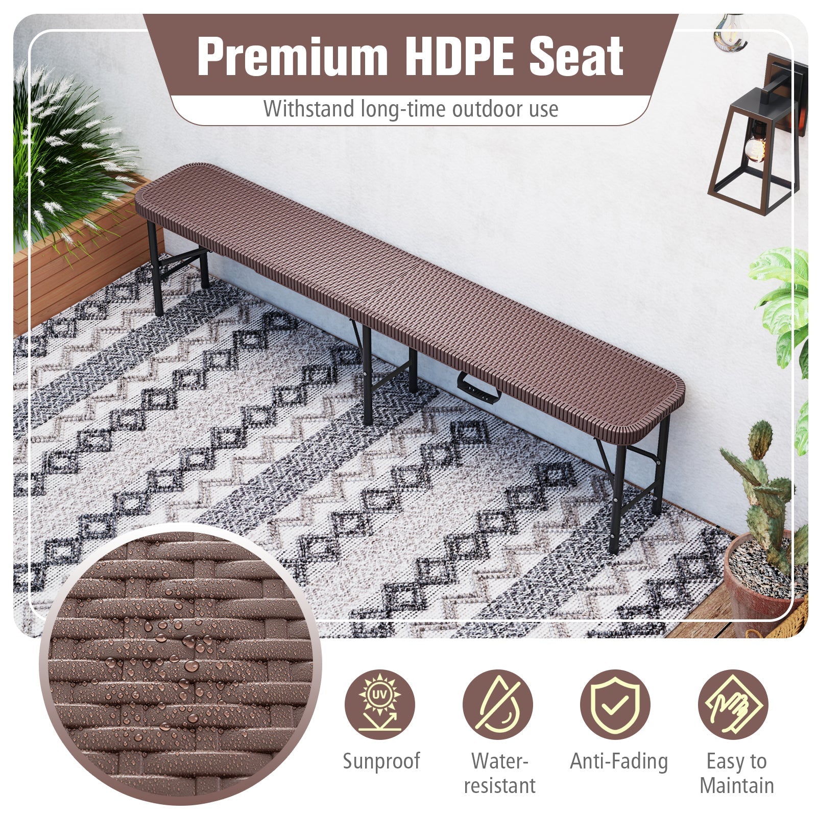 6 ft Plastic Folding Bench with 1320 LBS Capacity and Handle-Brown