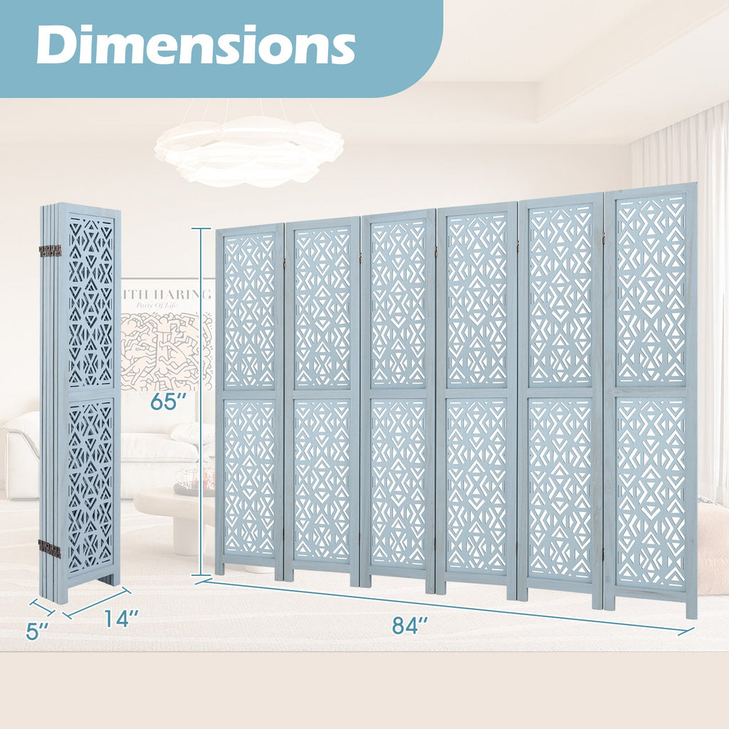 4/6 Panel Wooden Room Divider with Carved Cutout Pattern and Solid Wood Frame-6 Panel
