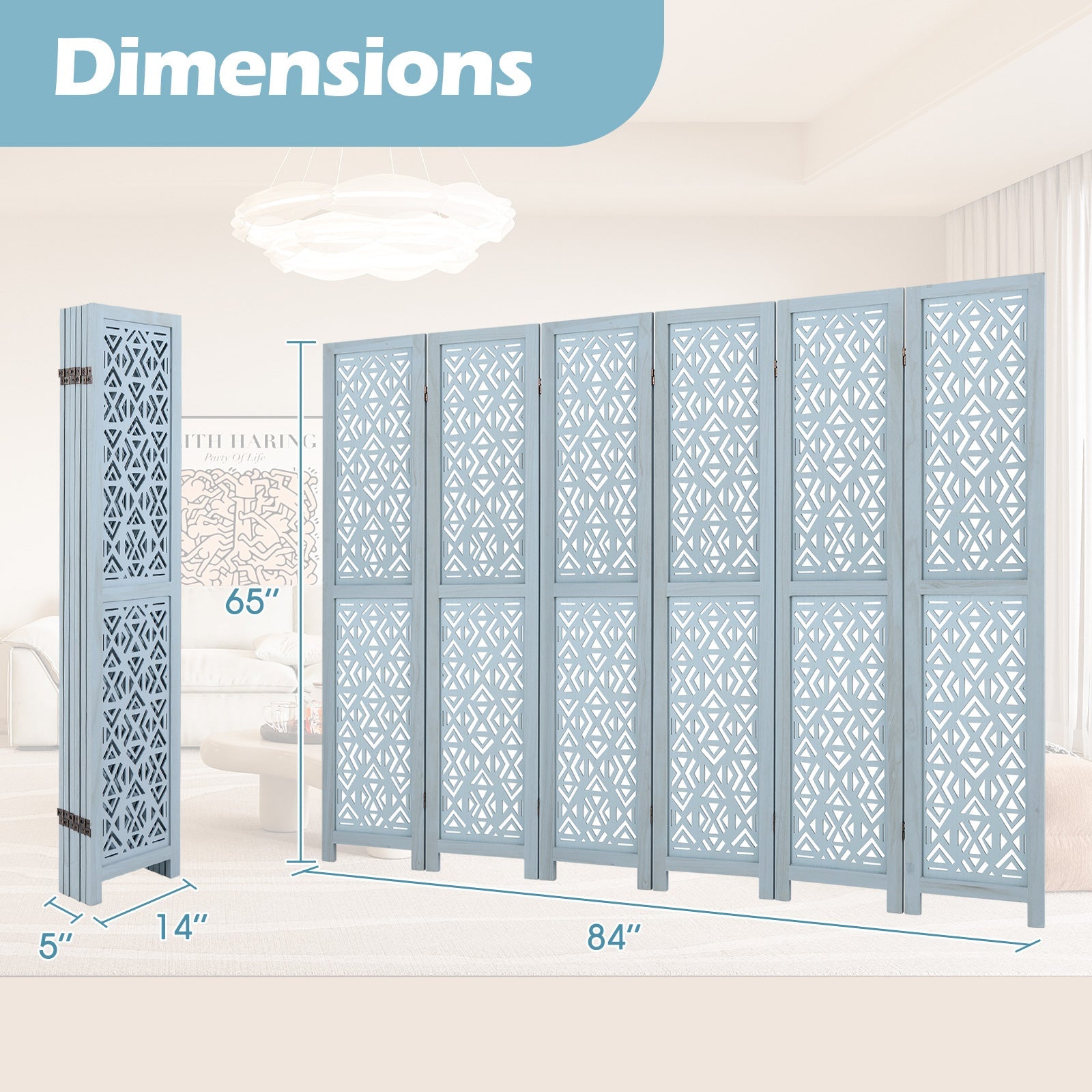 4/6 Panel Wooden Room Divider with Carved Cutout Pattern and Solid Wood Frame-6 Panel