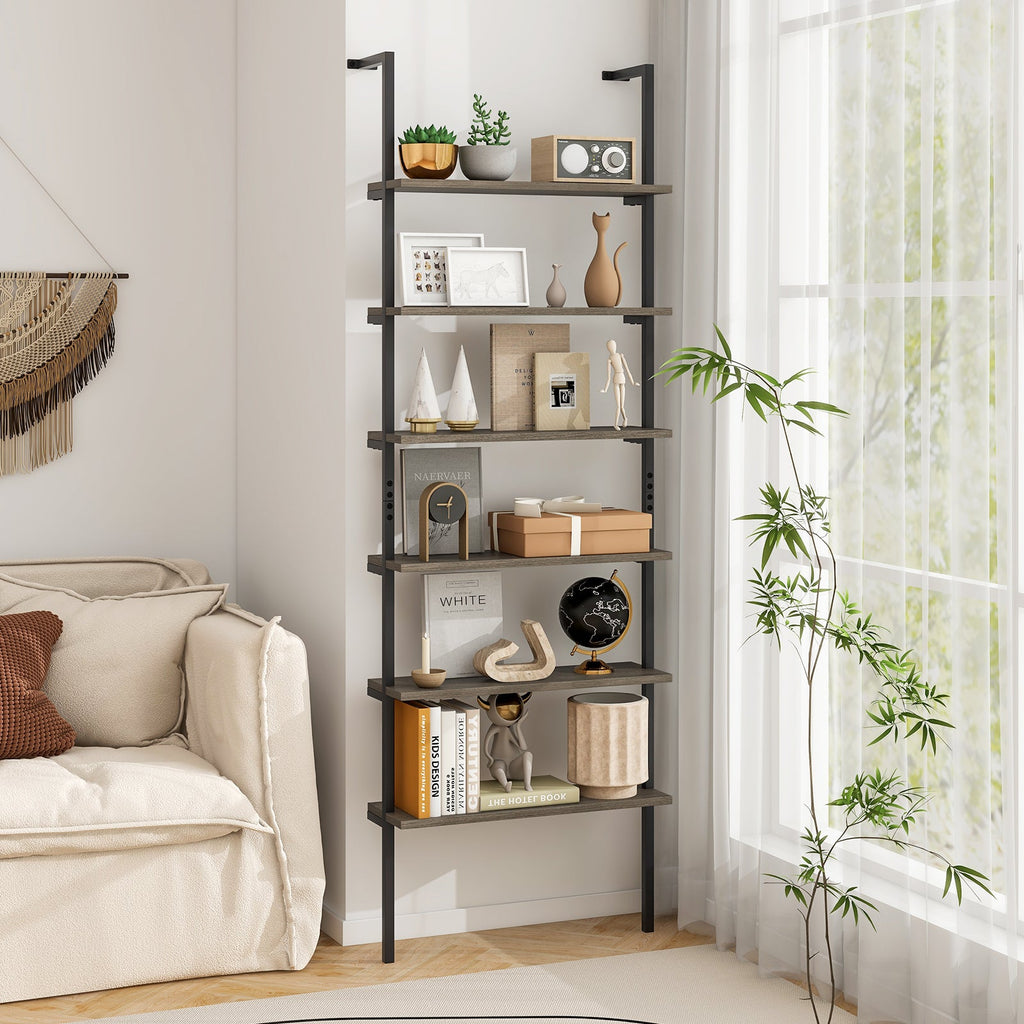 6-tier Ladder Shelf 72 Inches Industrial Wall Mounted Bookshelf-Oak