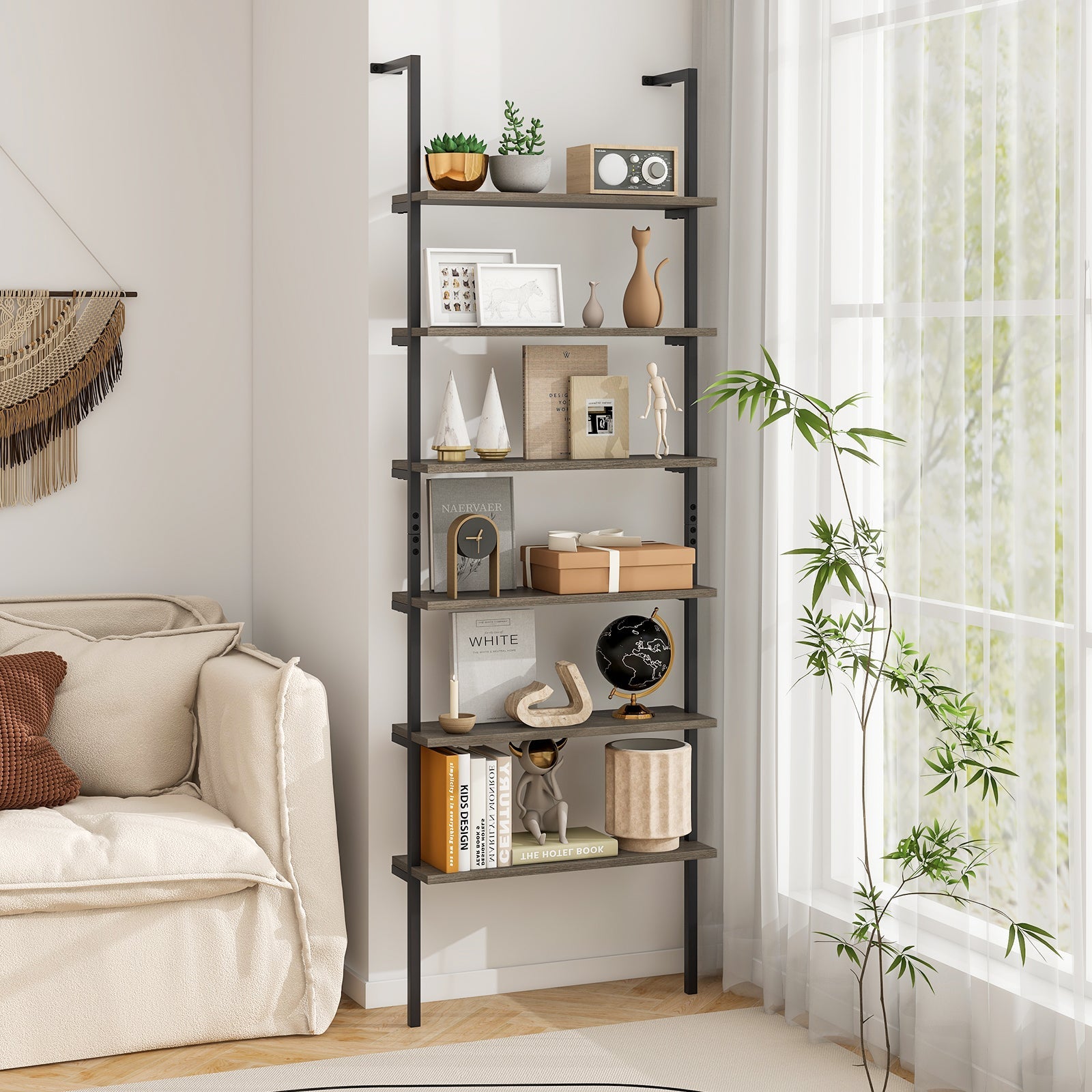 6-tier Ladder Shelf 72 Inches Industrial Wall Mounted Bookshelf-Oak