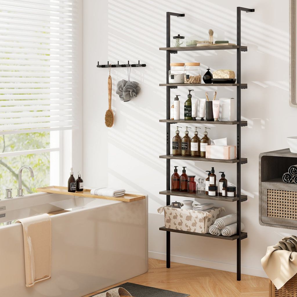 6-tier Ladder Shelf 72 Inches Industrial Wall Mounted Bookshelf-Oak