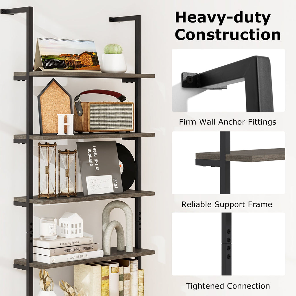 6-tier Ladder Shelf 72 Inches Industrial Wall Mounted Bookshelf-Oak