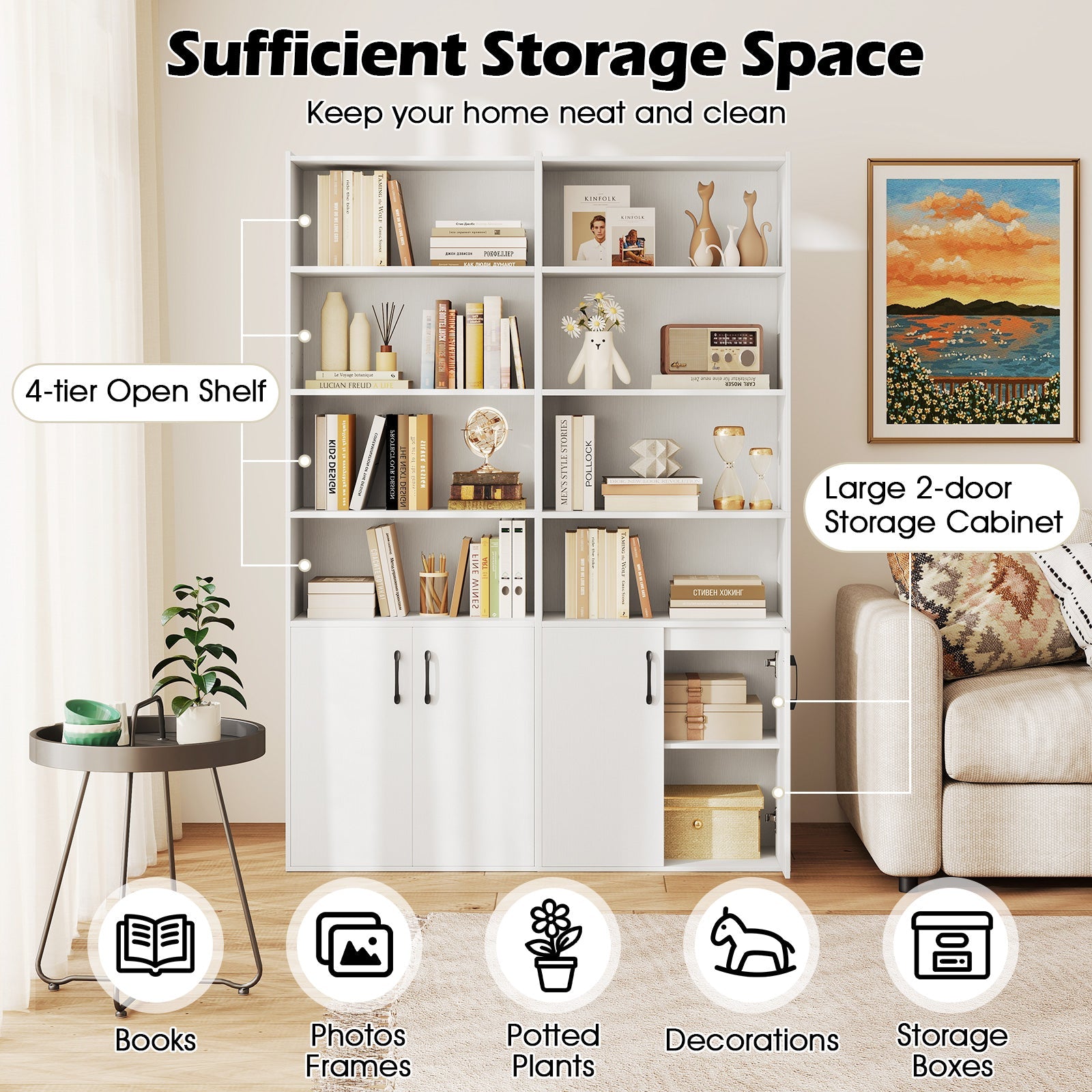 70 Inch Bookcase 6-Tier with Adjustable Shelves and 2-Door Cabinet-White