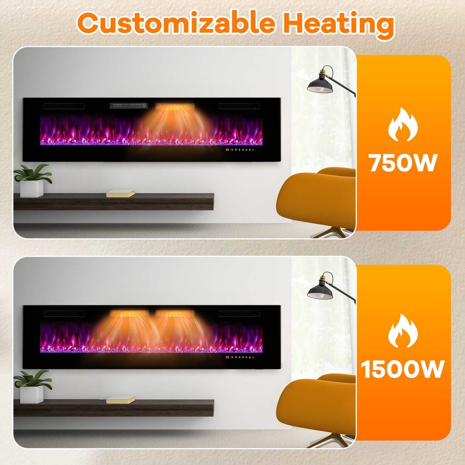 42/50/60/72 Inch Ultra-Thin Electric Fireplace with Decorative Crystals-72 inches
