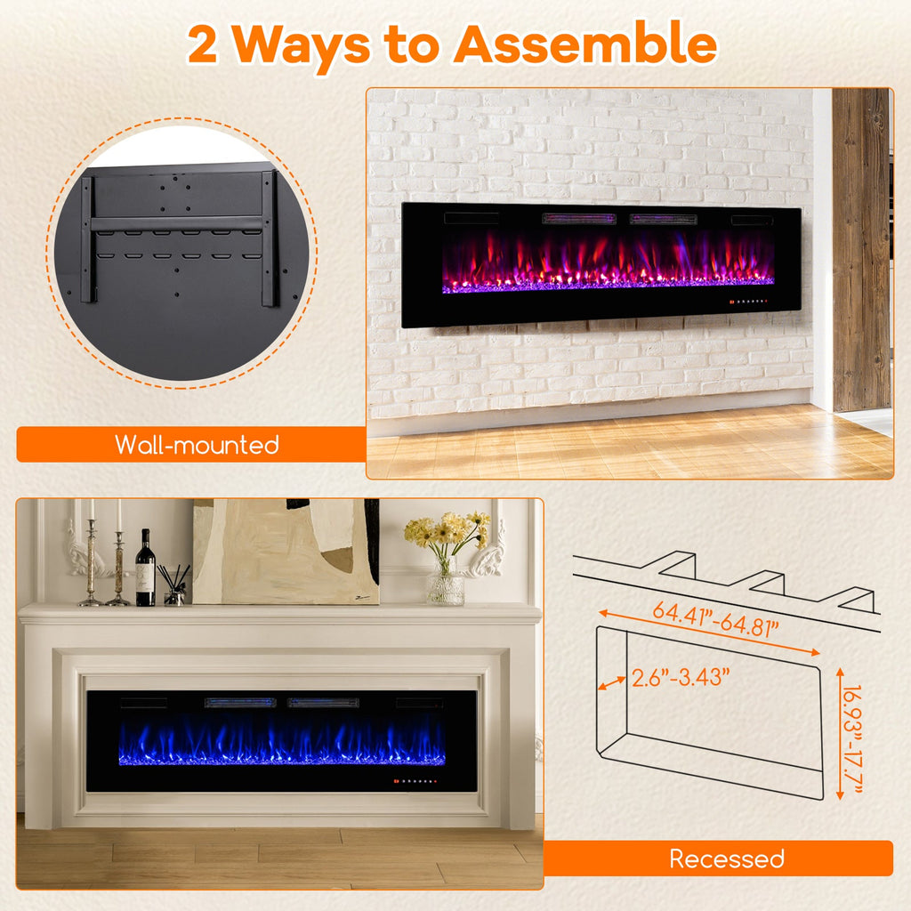 42/50/60/72 Inch Ultra-Thin Electric Fireplace with Decorative Crystals-72 inches