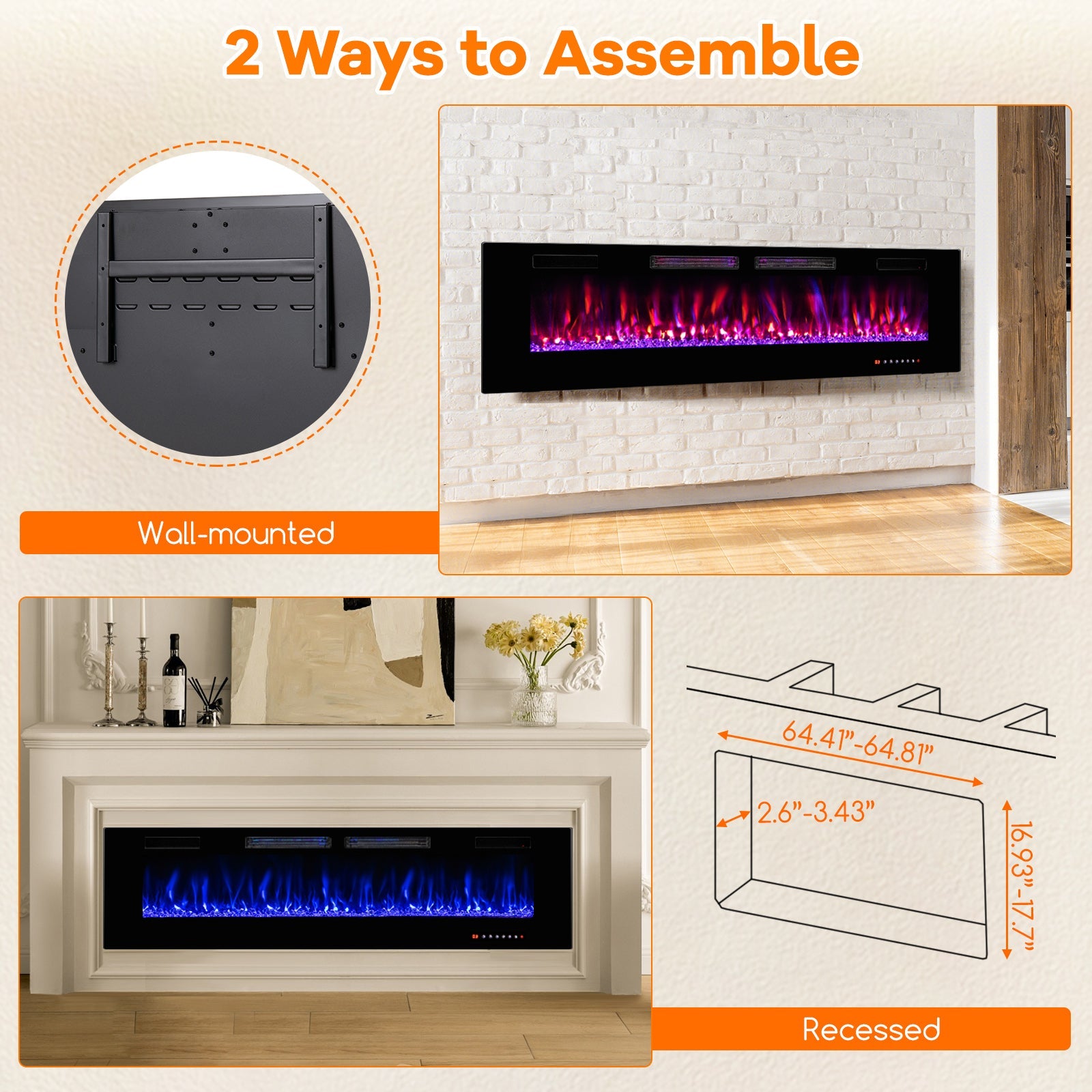42/50/60/72 Inch Ultra-Thin Electric Fireplace with Decorative Crystals-72 inches