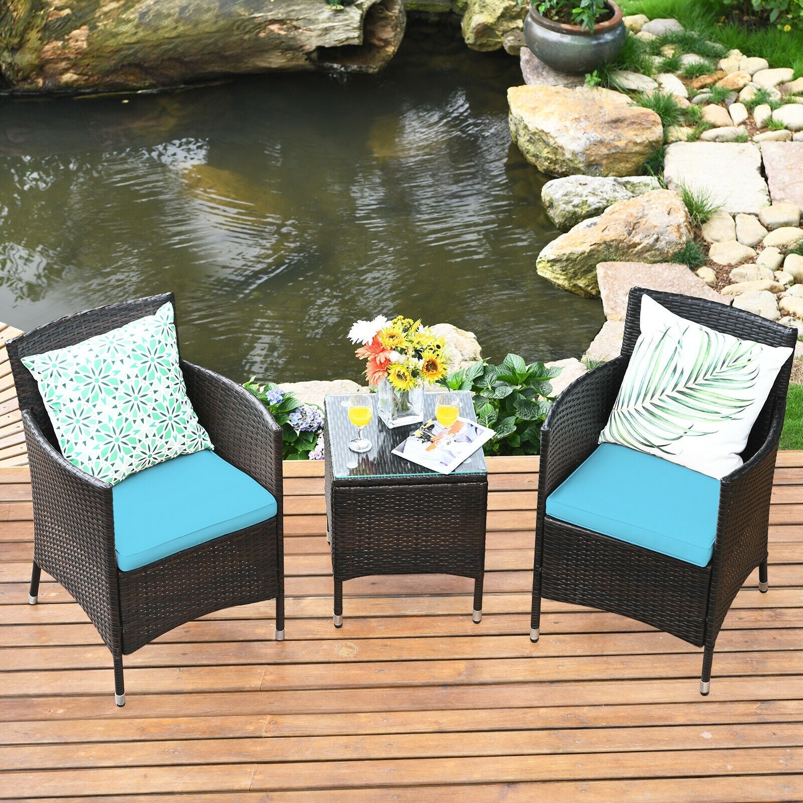3 Pcs Outdoor Rattan Wicker Furniture Set-Blue