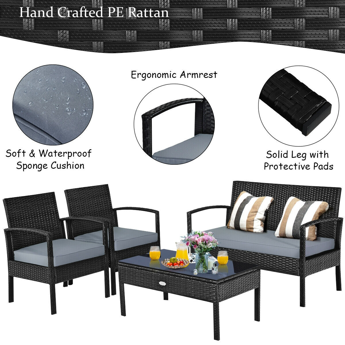 4 Pieces Patio Rattan Cushioned Furniture Set-Gray