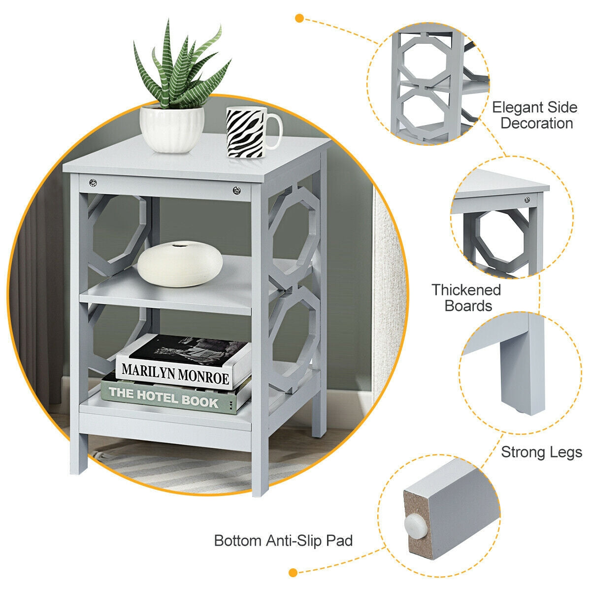 3 Tiers Nightstand Sofa Side End Accent Table-Gray