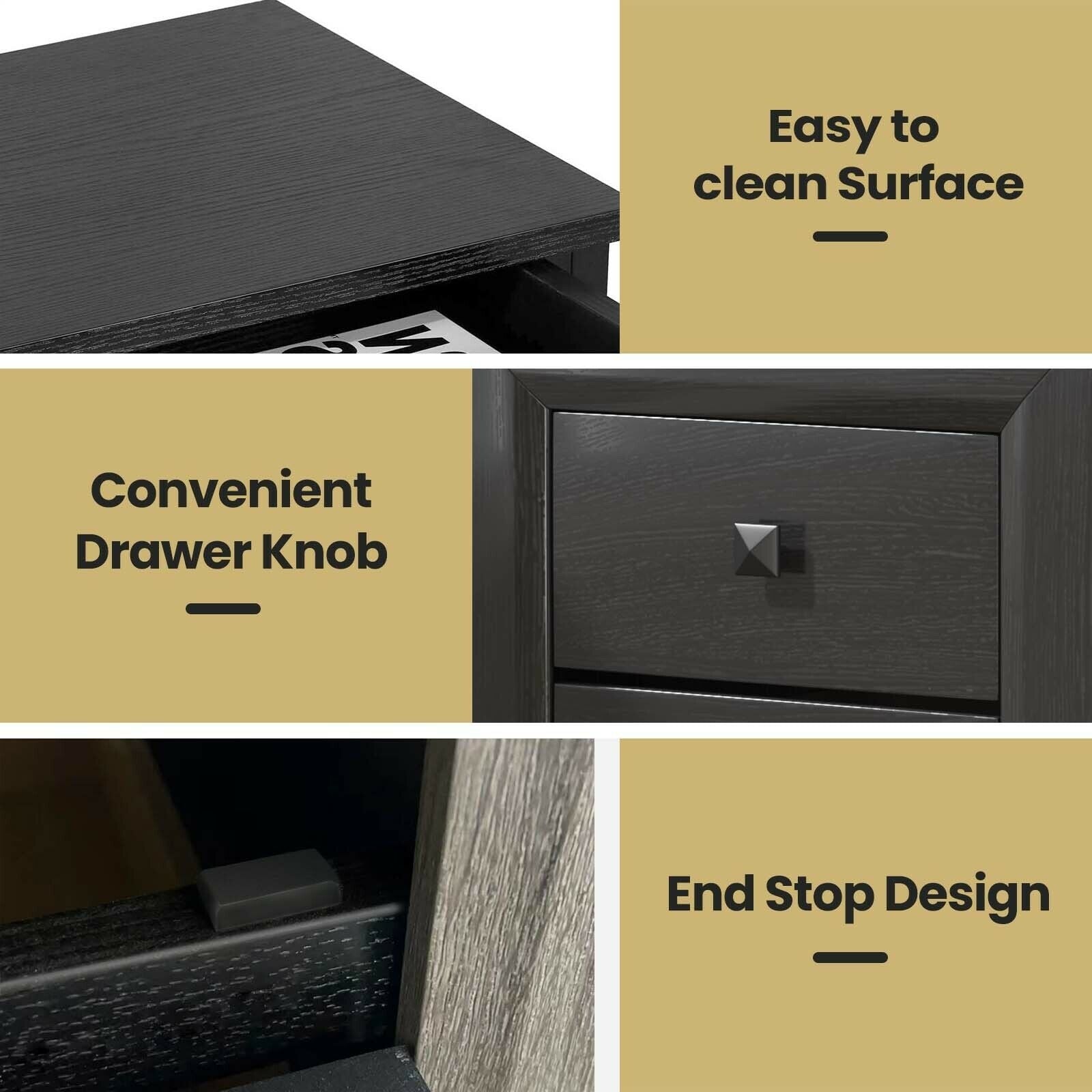 2 Pieces Multipurpose Retro Nightstand with 2 Drawers-Black