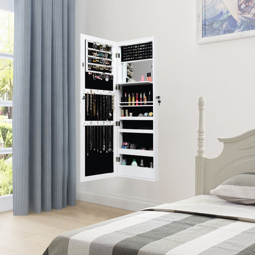 Lockable Wall Door Mounted Mirror Jewelry Cabinet w/LED Lights-White