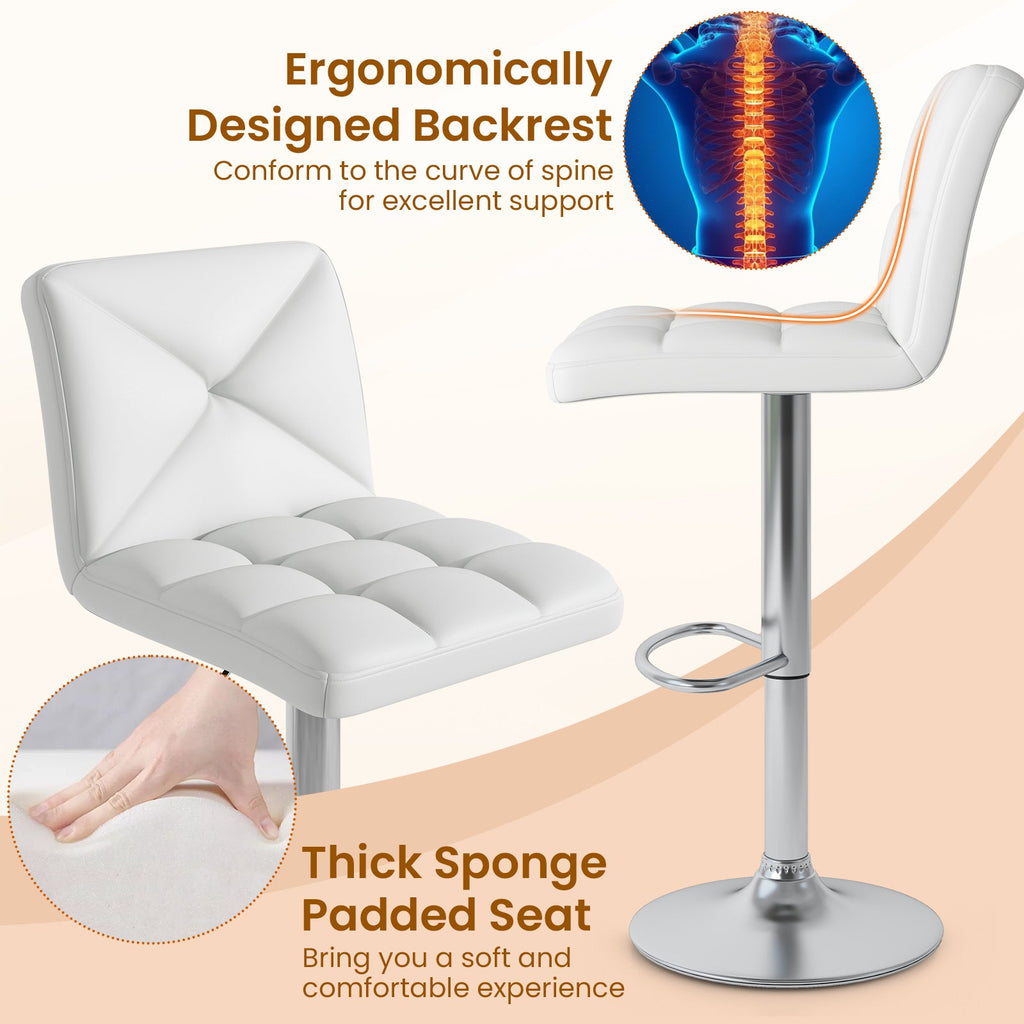 PU Leather Upholstered Bar Stools Set of 2 with Back and Adjustable Height-White