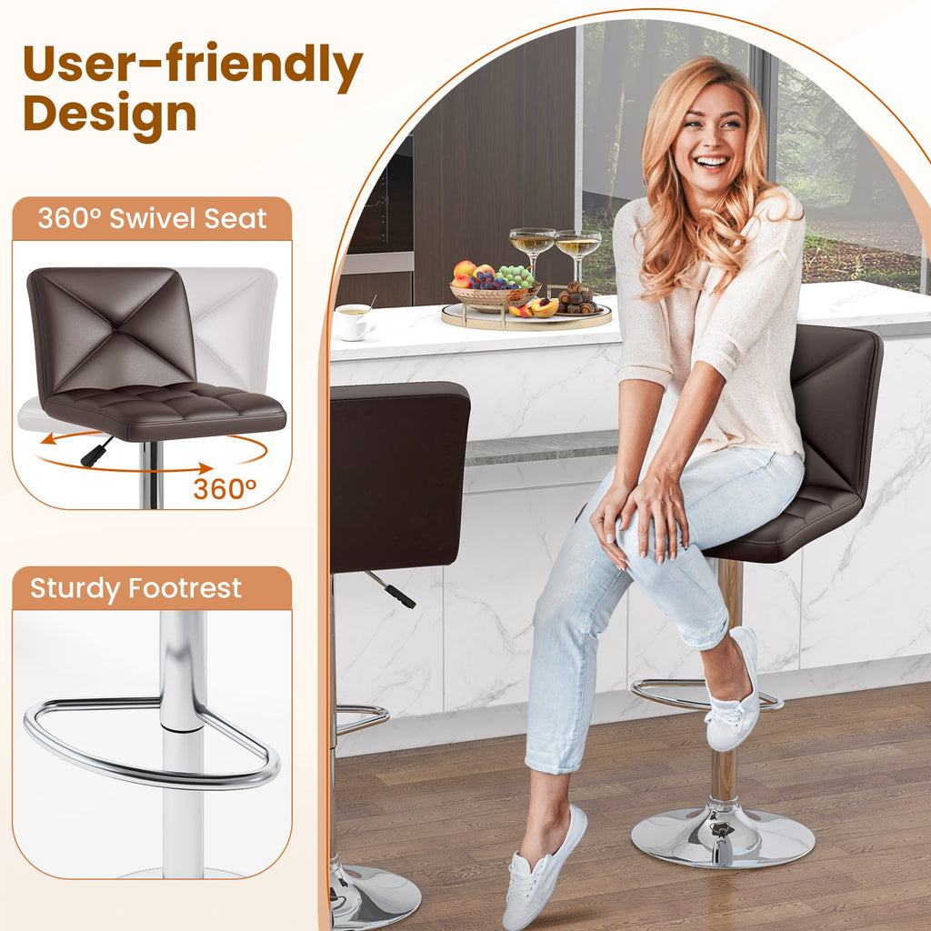 PU Leather Upholstered Bar Stools Set of 2 with Back and Adjustable Height-Brown