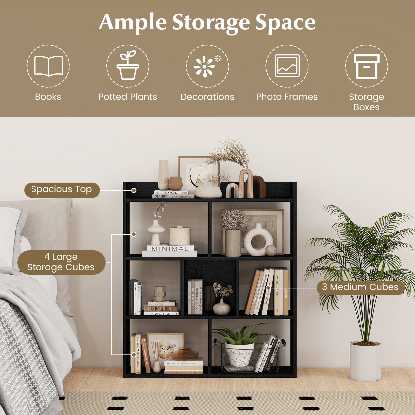 7 Cubes Open-back Bookshelf with Anti-Toppling Devices-Black