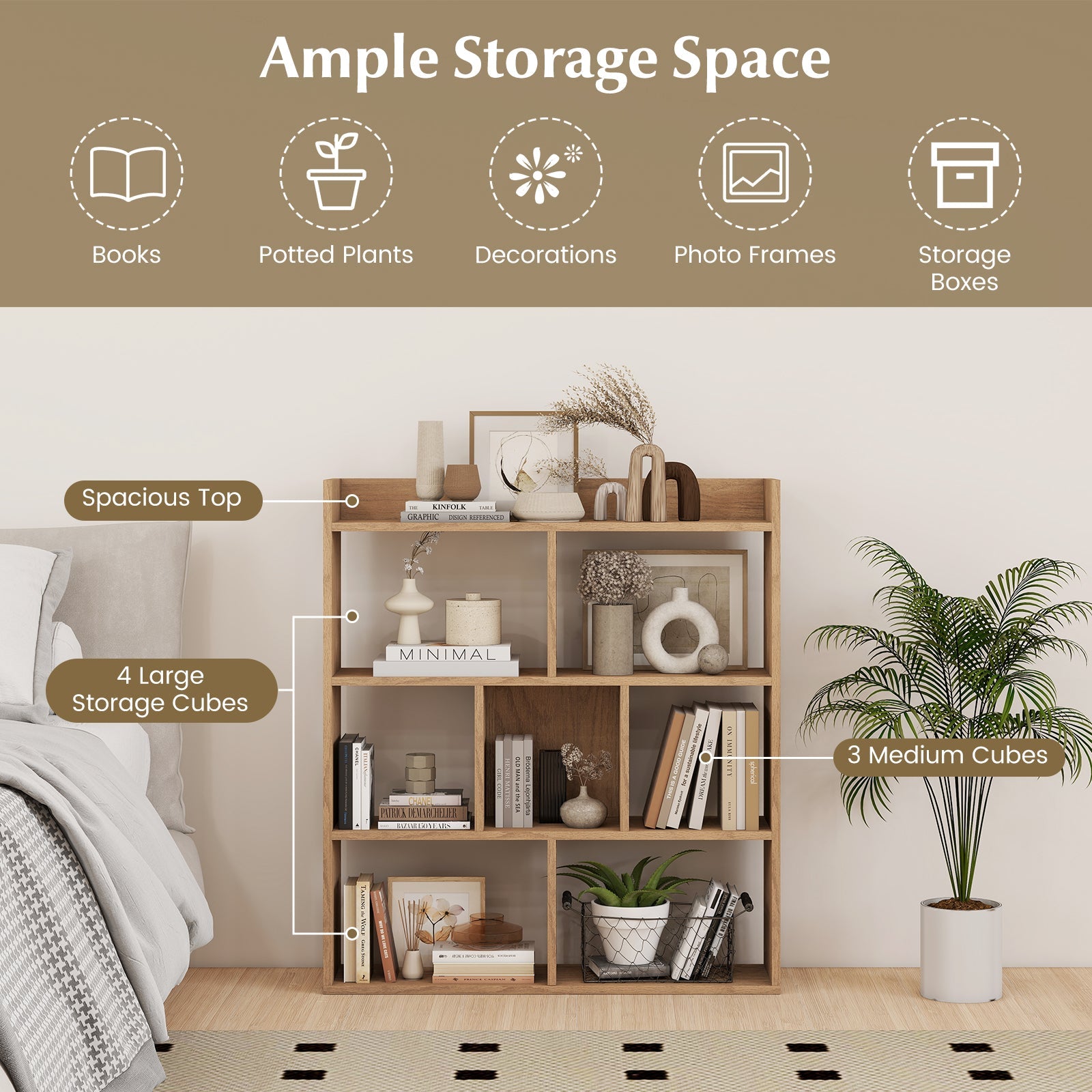 7 Cubes Open-back Bookshelf with Anti-Toppling Devices-Natural