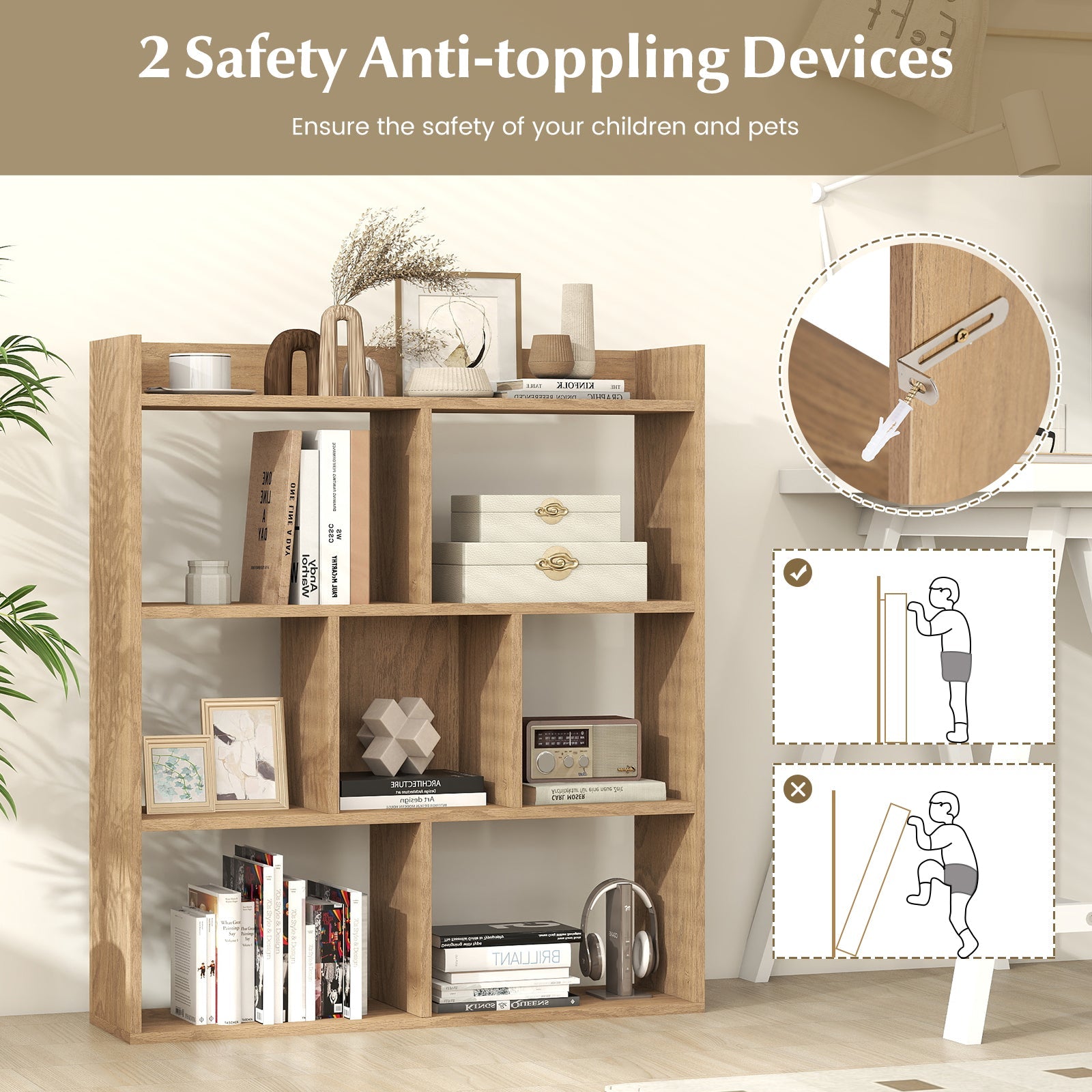 7 Cubes Open-back Bookshelf with Anti-Toppling Devices-Natural