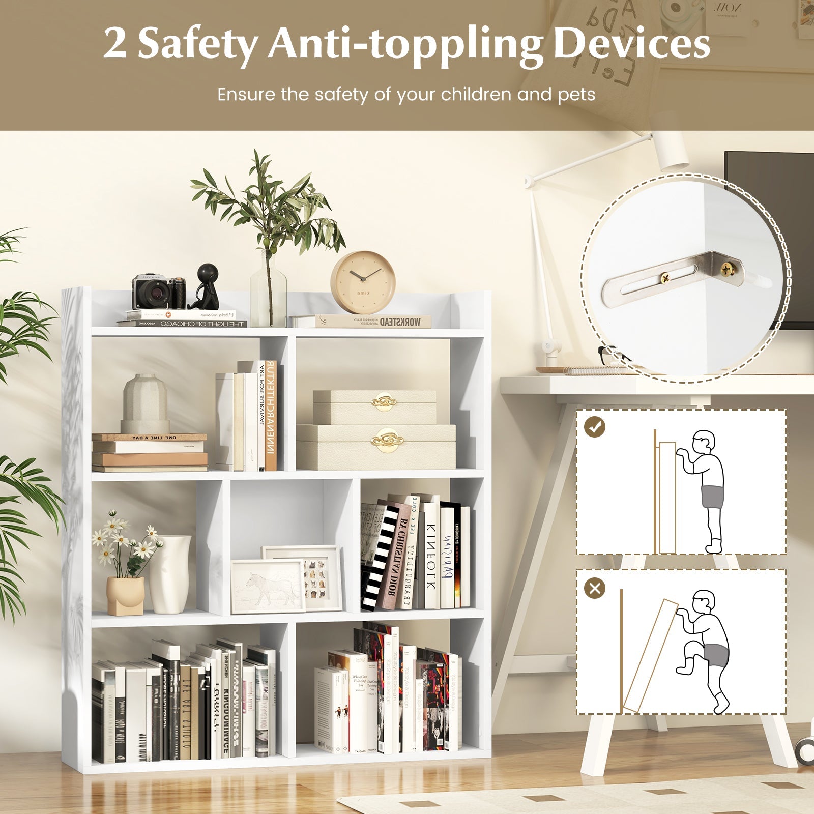 7 Cubes Open-back Bookshelf with Anti-Toppling Devices-White