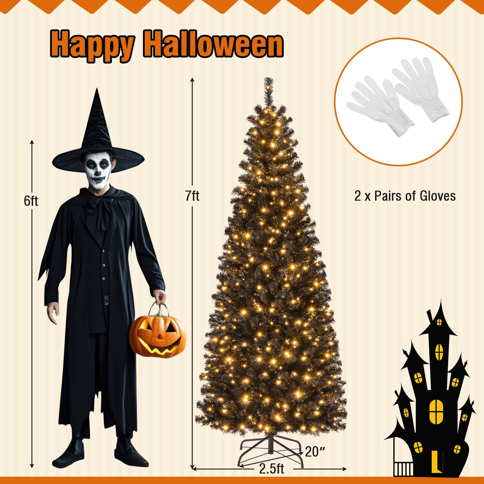 Pre-lit Christmas Halloween Tree with PVC Branch Tips and Warm White Lights-7 ft