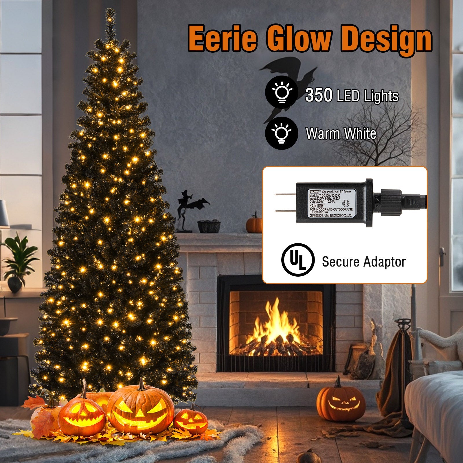 Pre-lit Christmas Halloween Tree with PVC Branch Tips and Warm White Lights-7 ft