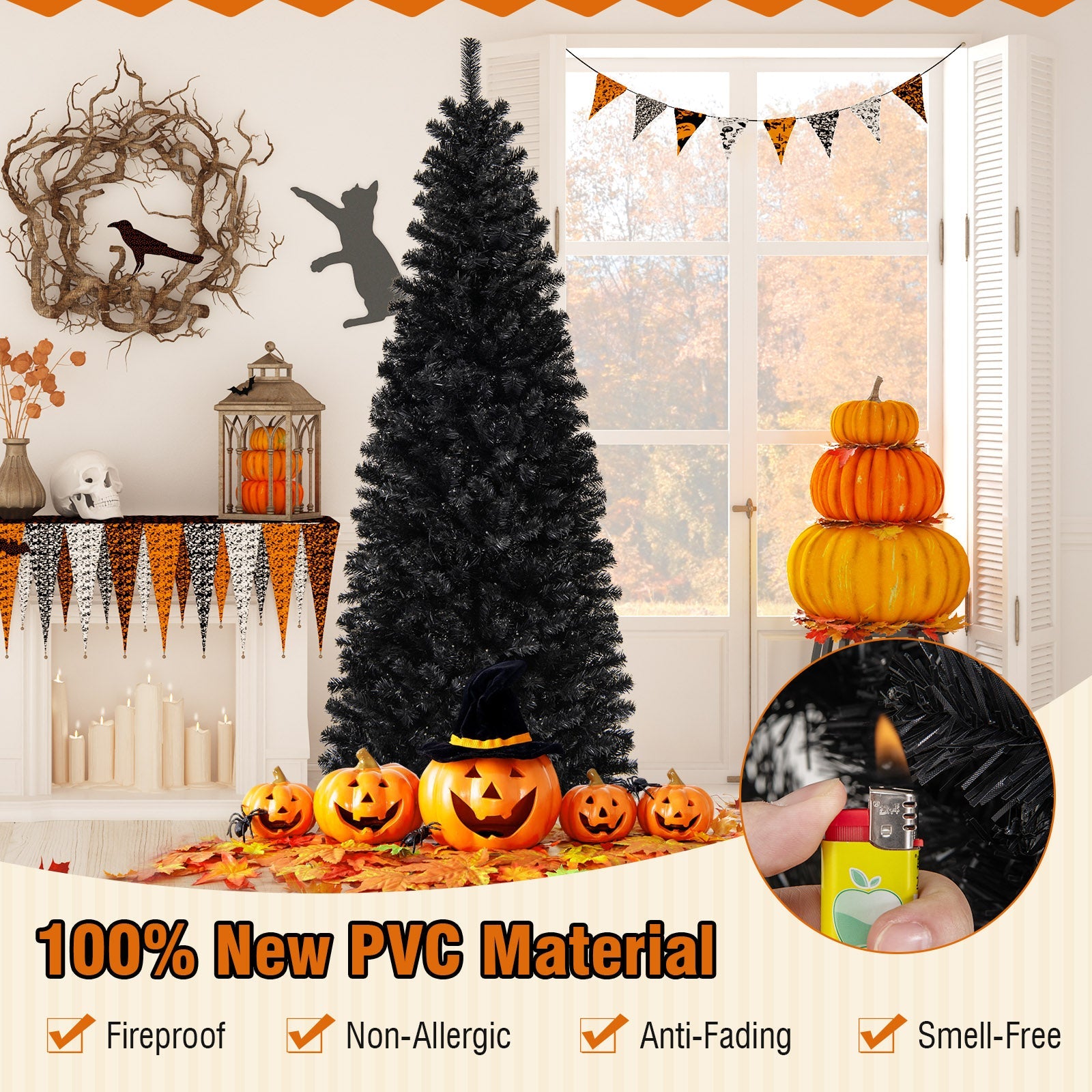 Pre-lit Christmas Halloween Tree with PVC Branch Tips and Warm White Lights-7 ft