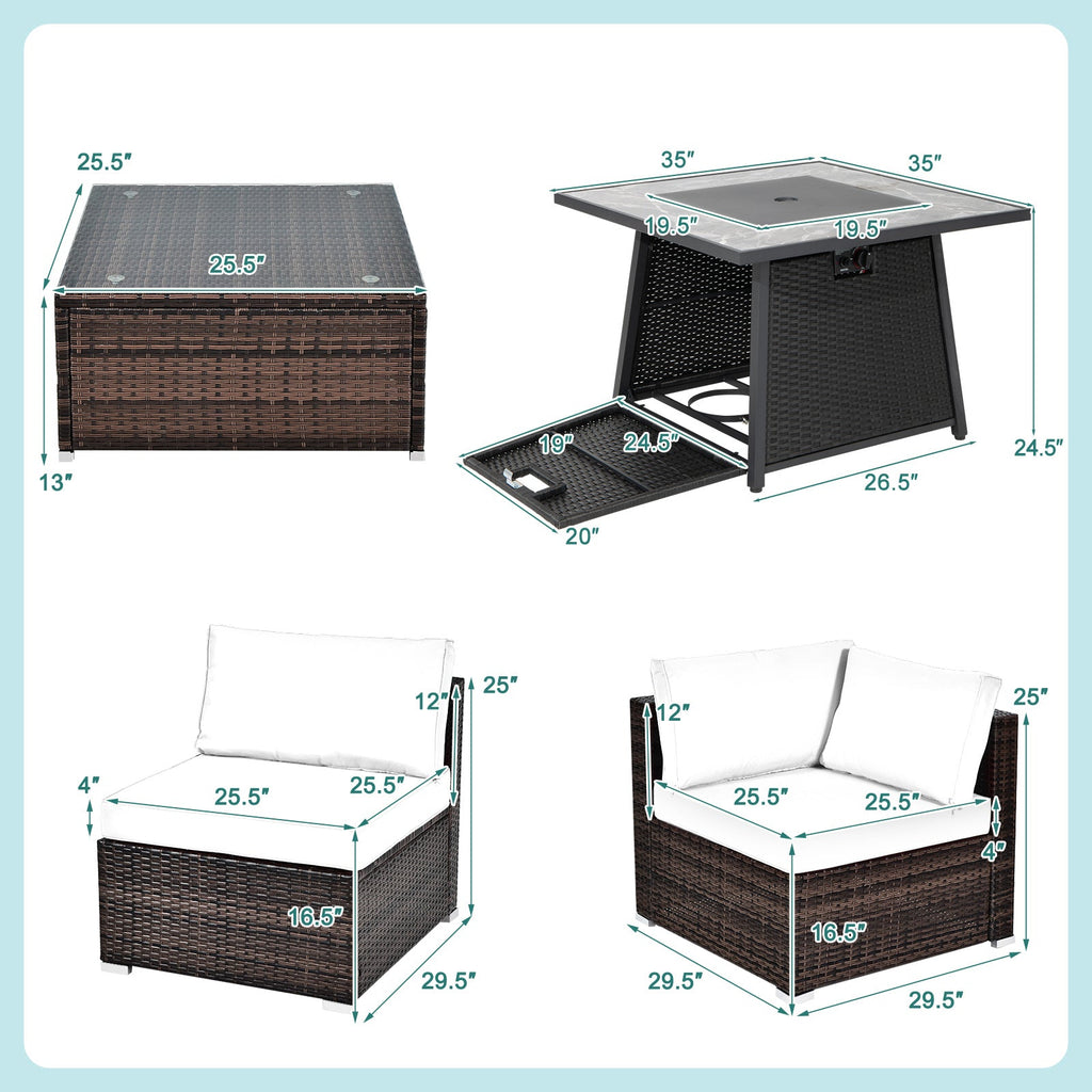7 Pieces Patio Furniture Set with 35 Inches 50000 BTU Propane Gas Fire Pit Table and Waterproof Cover for Firpit-Turquoise