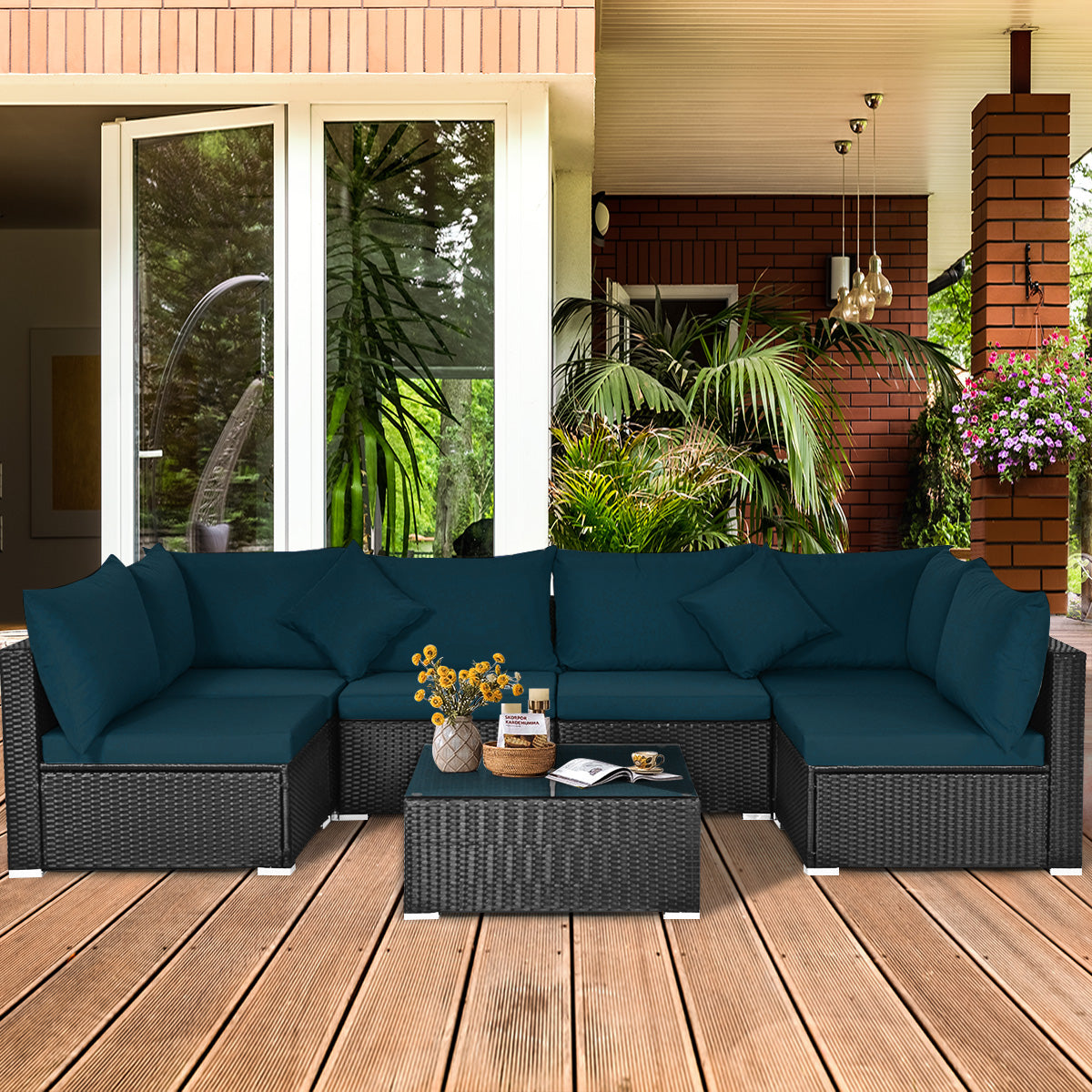 7 Pieces Sectional Wicker Furniture Sofa Set with Tempered Glass Top-Peacock Blue