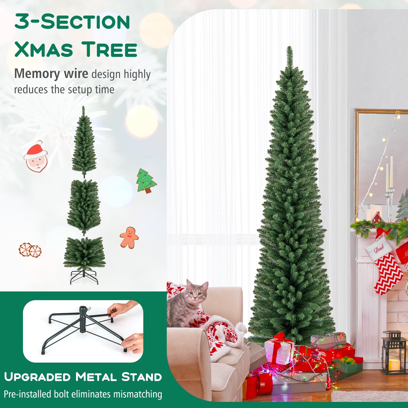 5/6/7/8 Feet Pencil Christmas Tree with 295/392/523/671 Memory Wire Branch Tips and Upgraded Metal Stand-7 ft