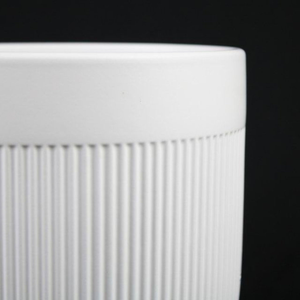 3-Piece White Stoneware Planter Pot Set with Vertical Line Texture