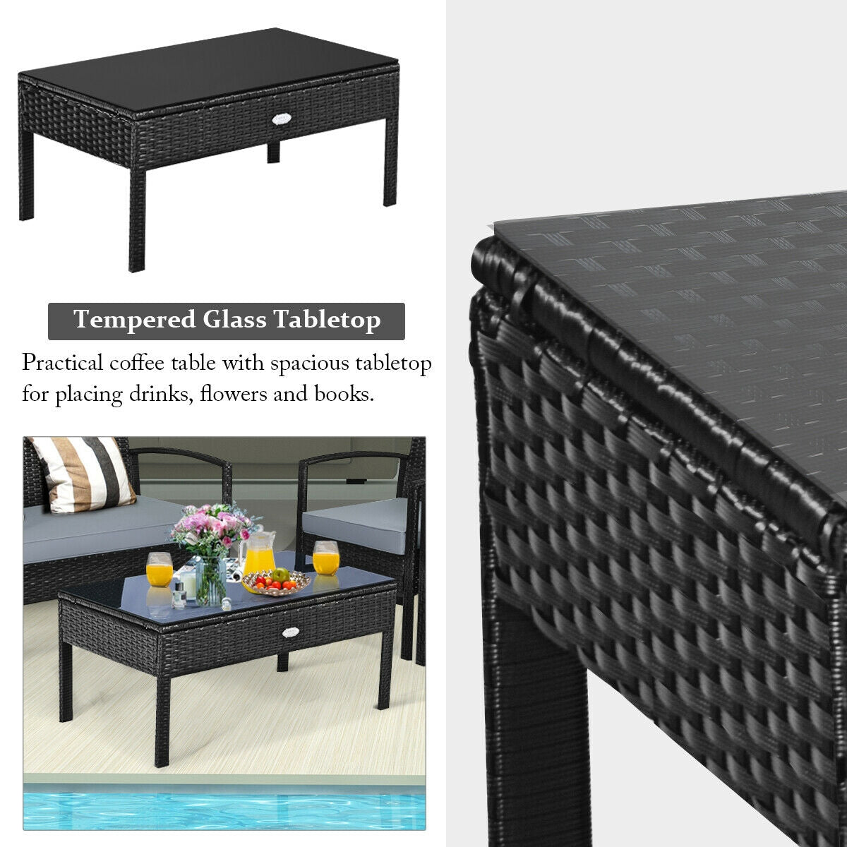 4 Pieces Patio Rattan Cushioned Furniture Set-Gray