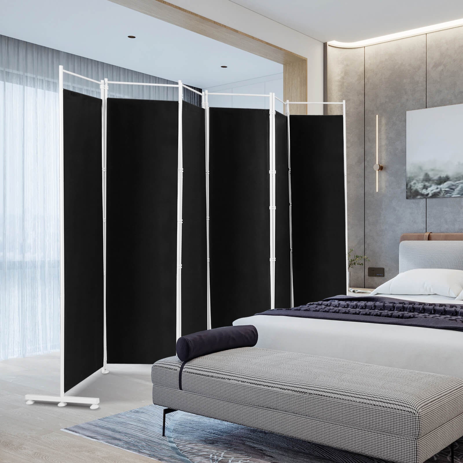 6-Panel Room Divider Folding Privacy Screen with Steel Support Base-Black