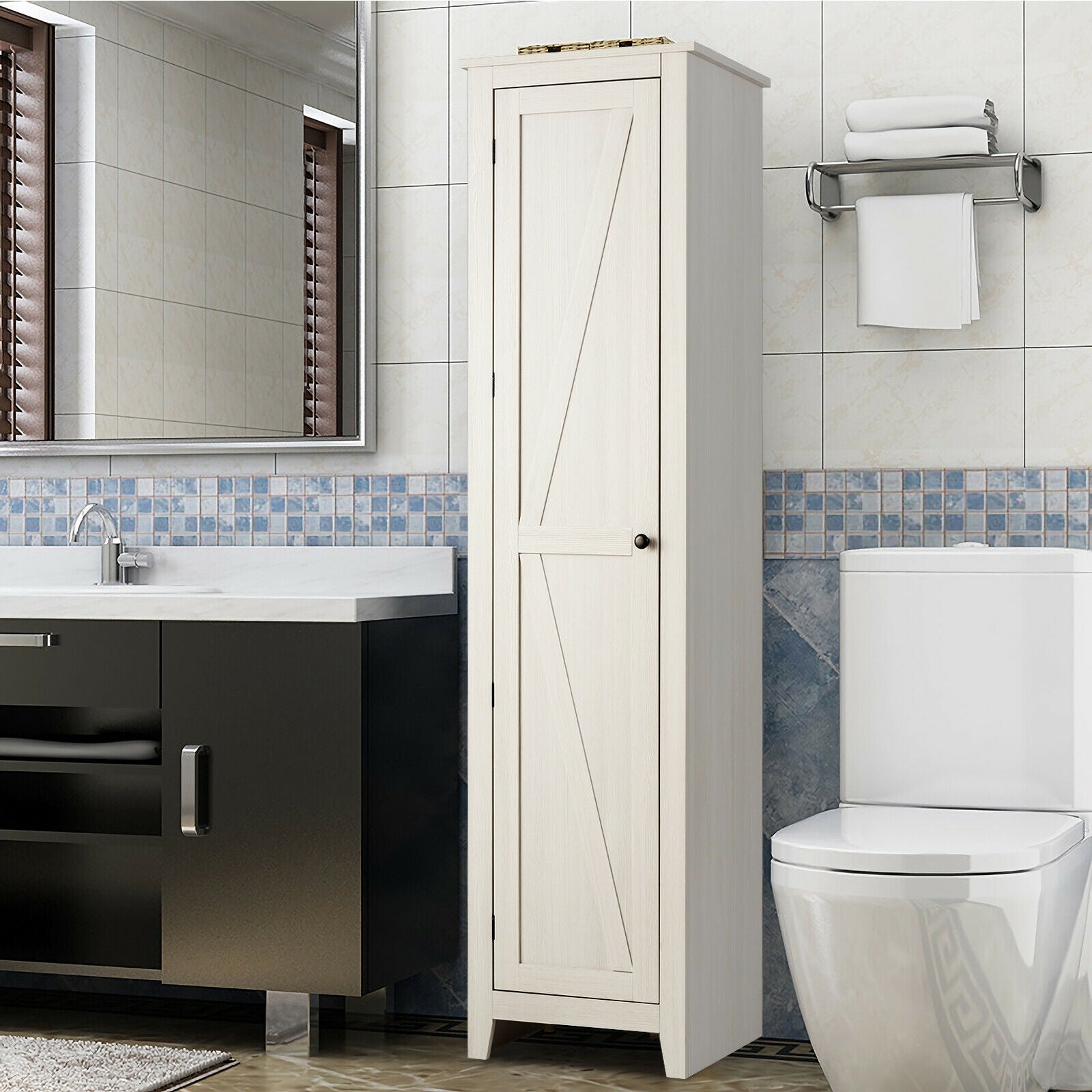 Linen Tower Bathroom Storage Cabinet Tall Slim Side Organizer with Shelf-White