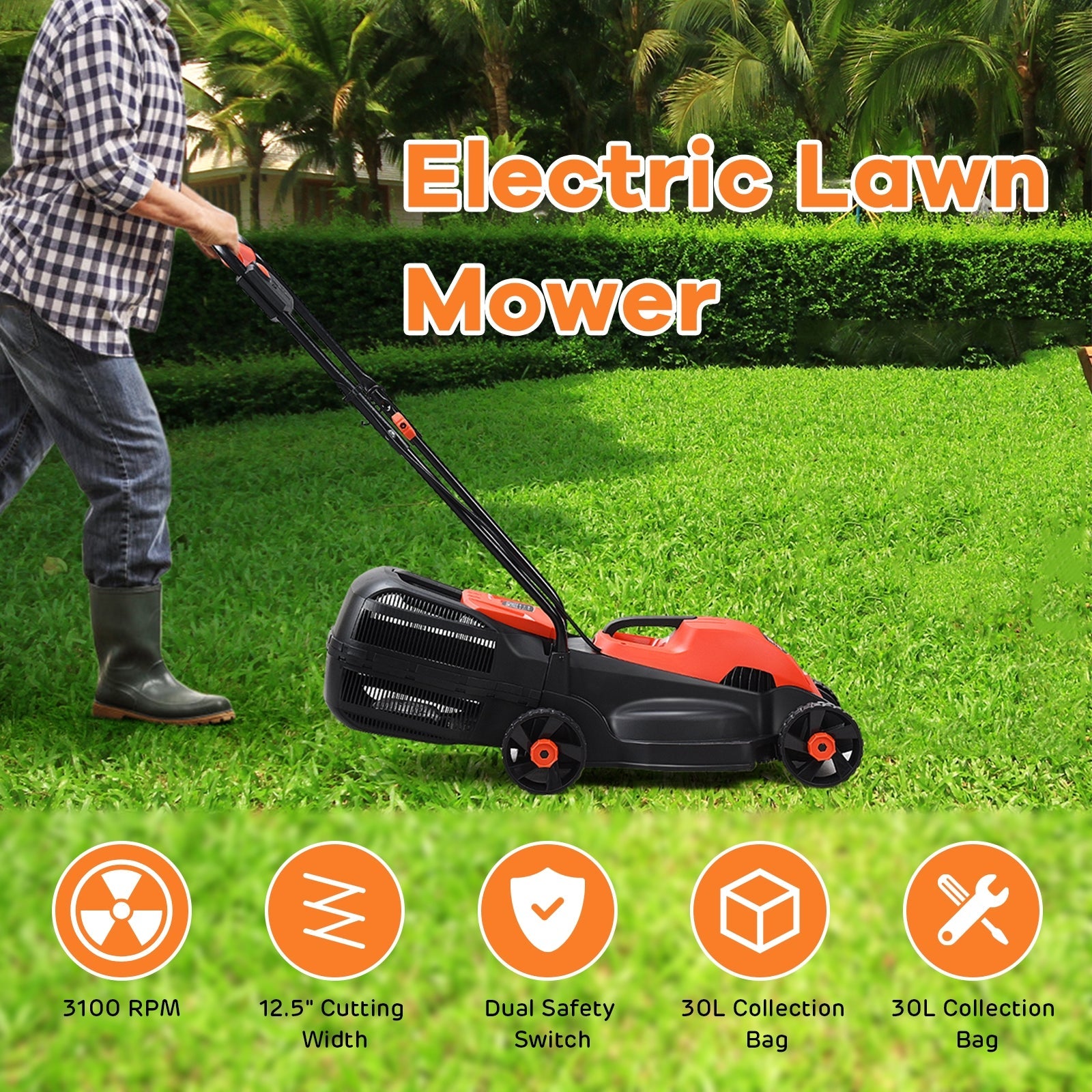13 Inch Electric Push Lawn Corded Mower with Grass Bag-Red