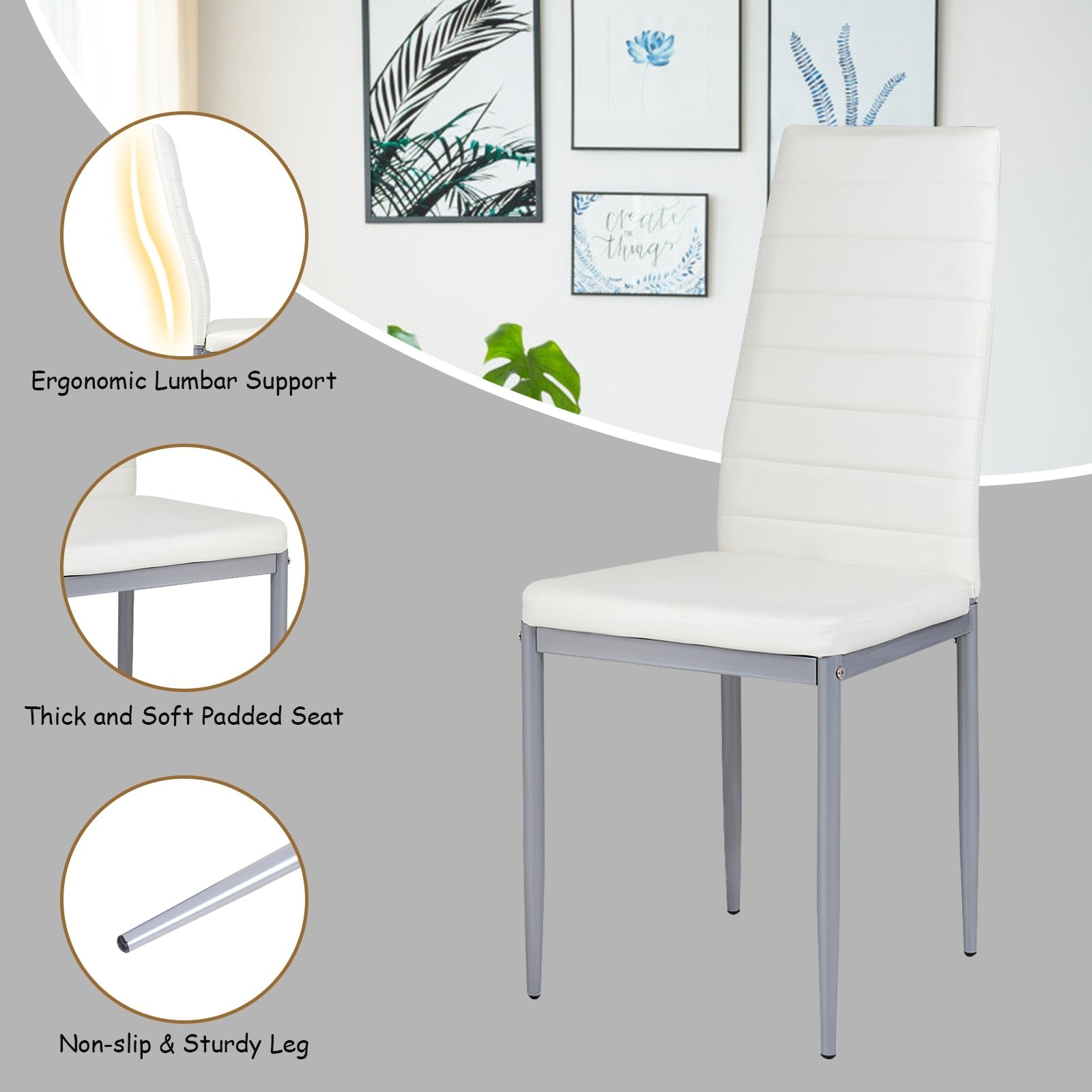 4 pcs PVC Leather Dining Side Chairs Elegant Design -White
