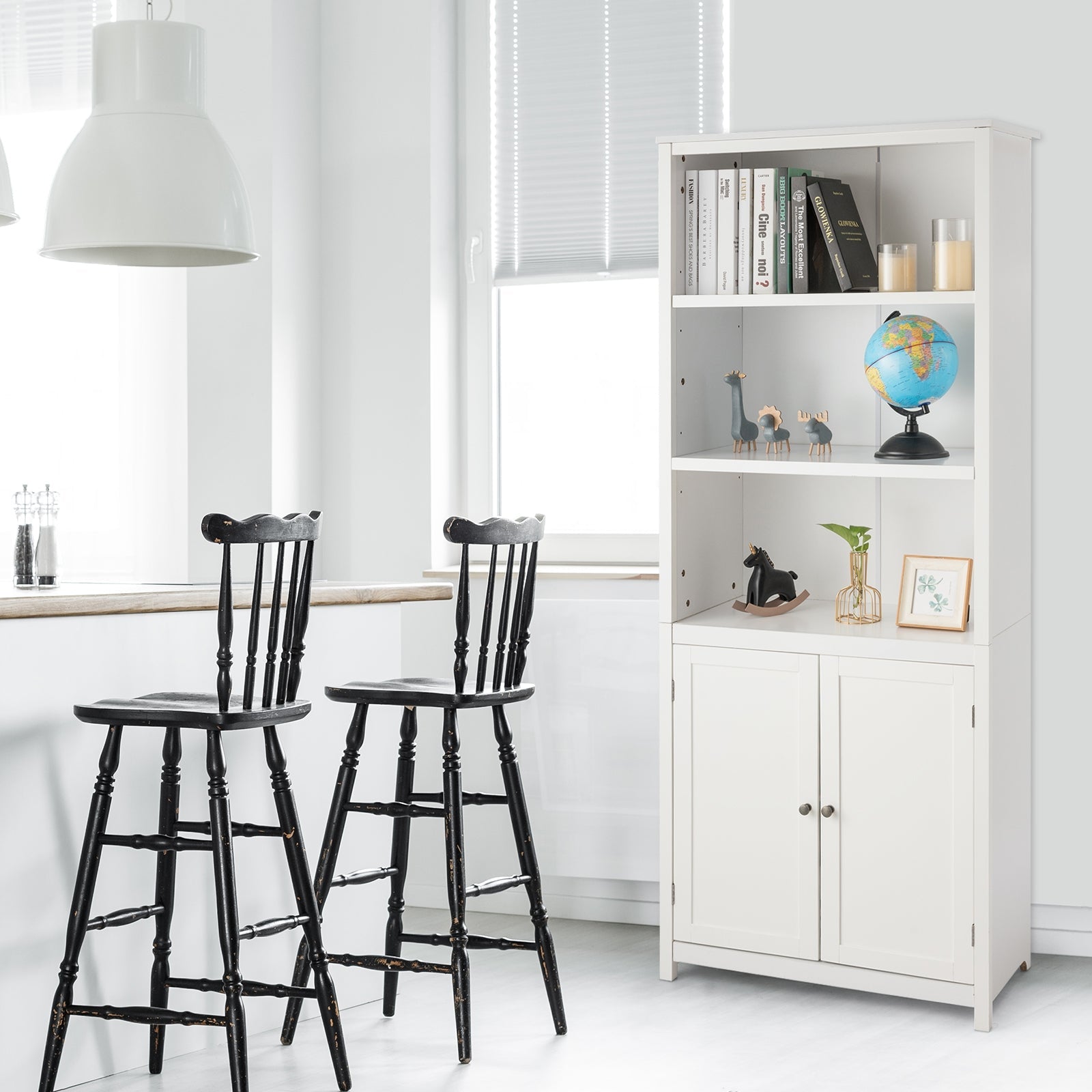 Bookcase Shelving Storage Wooden Cabinet Unit Standing Display Bookcase with Doors-White
