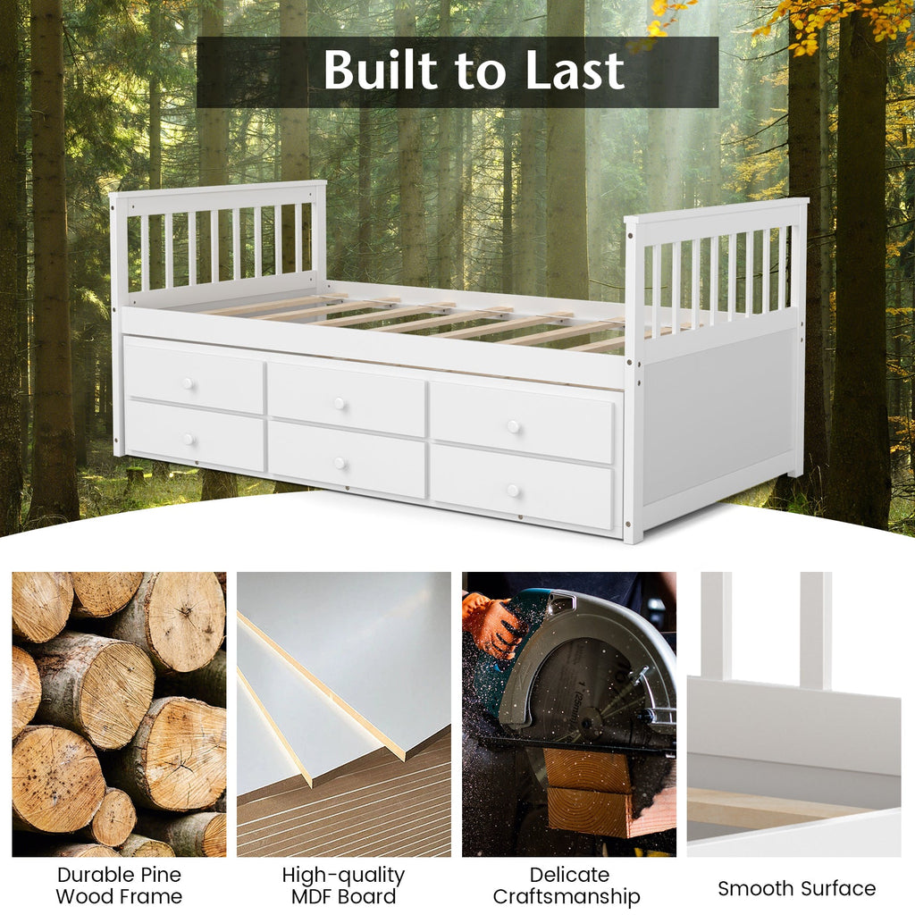 Twin Captain’s Bed with Trundle and 3 Storage Drawers-White