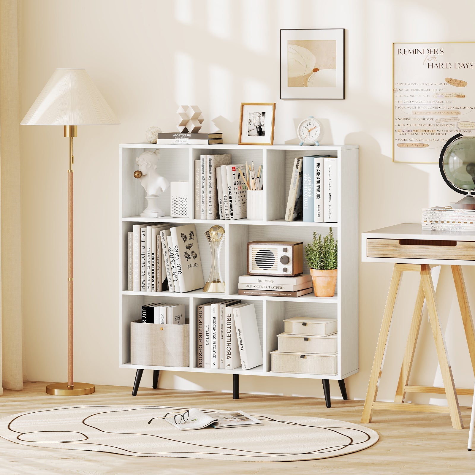 8-Cube Bookcase with 5 Tapered Metal Legs-White