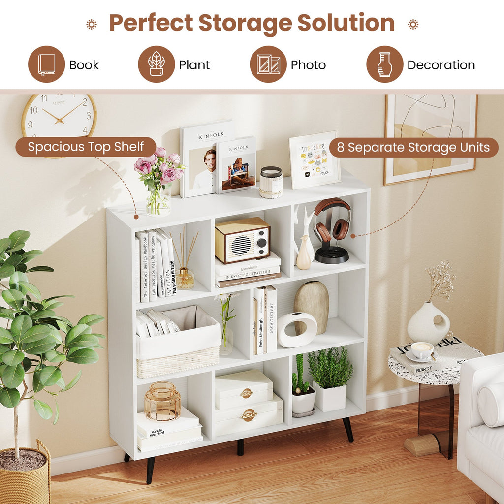 8-Cube Bookcase with 5 Tapered Metal Legs-White