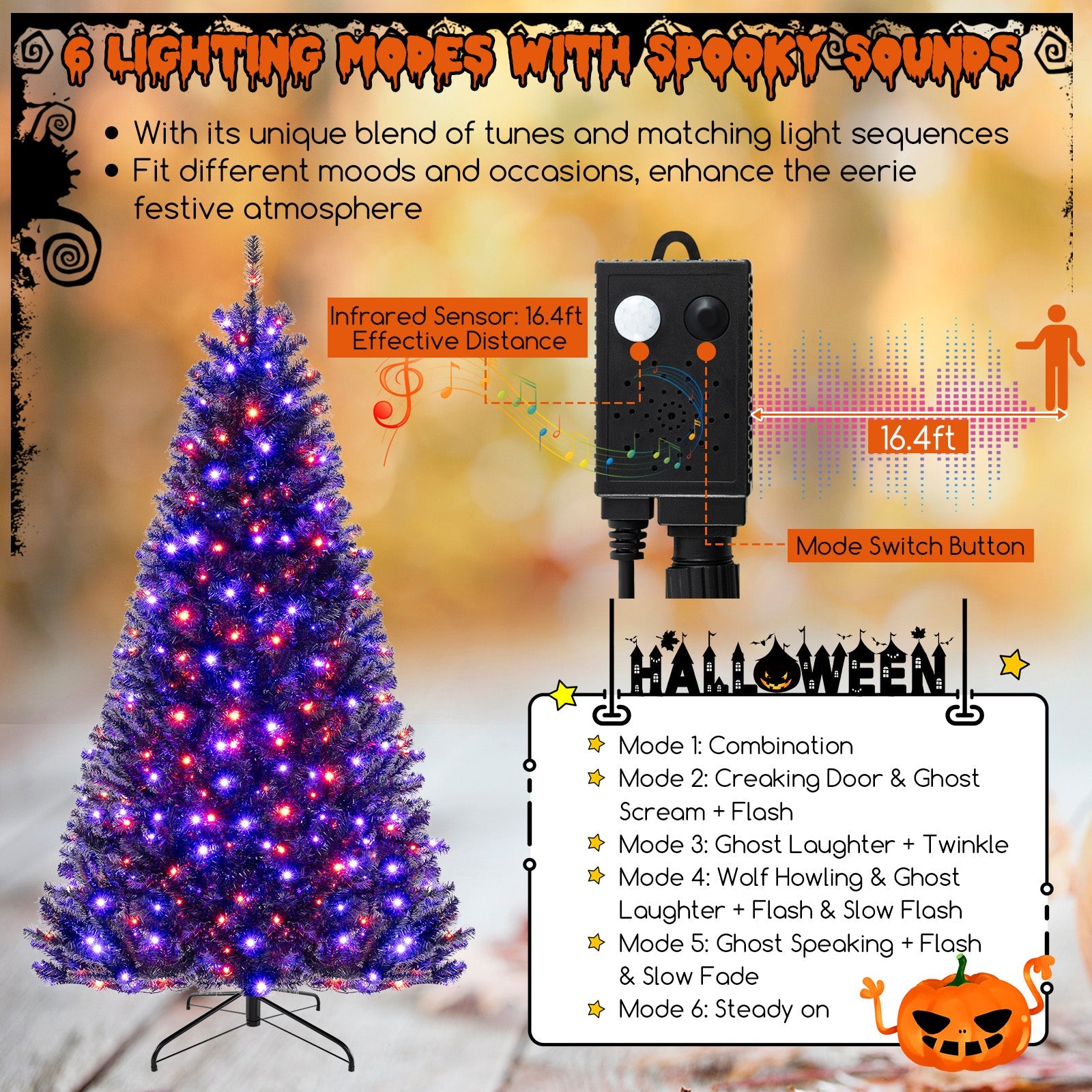 6/7/8 Feet Artificial Christmas Tree with 6 Lighting Modes and Spooky Sounds-8 ft