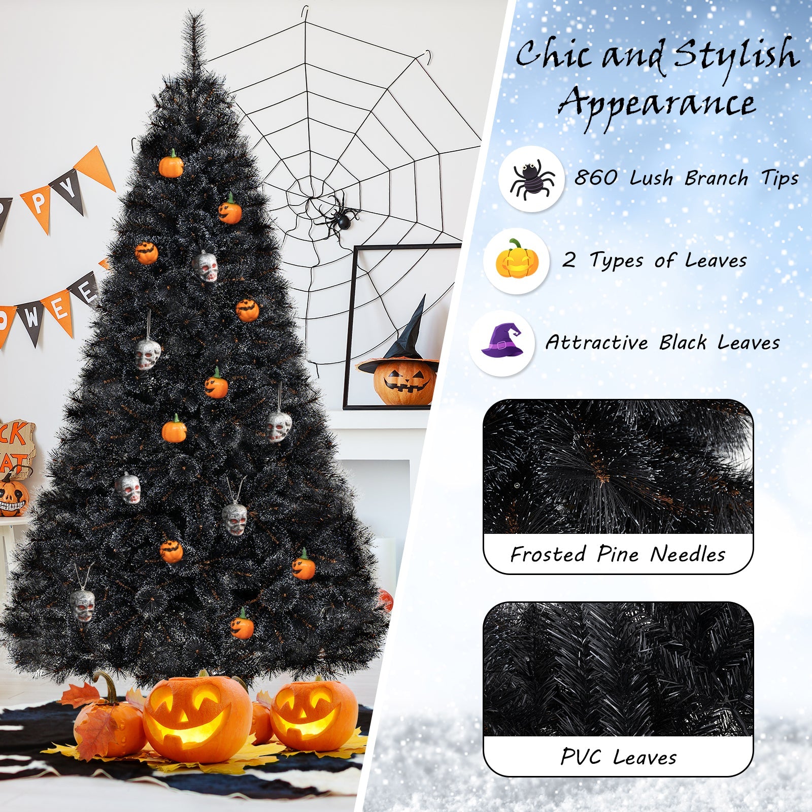 6/7/8 Feet Black Artificial Halloween Christmas Tree with PVC Branch Tips and 210/320/450 Cool White LED Lights-L