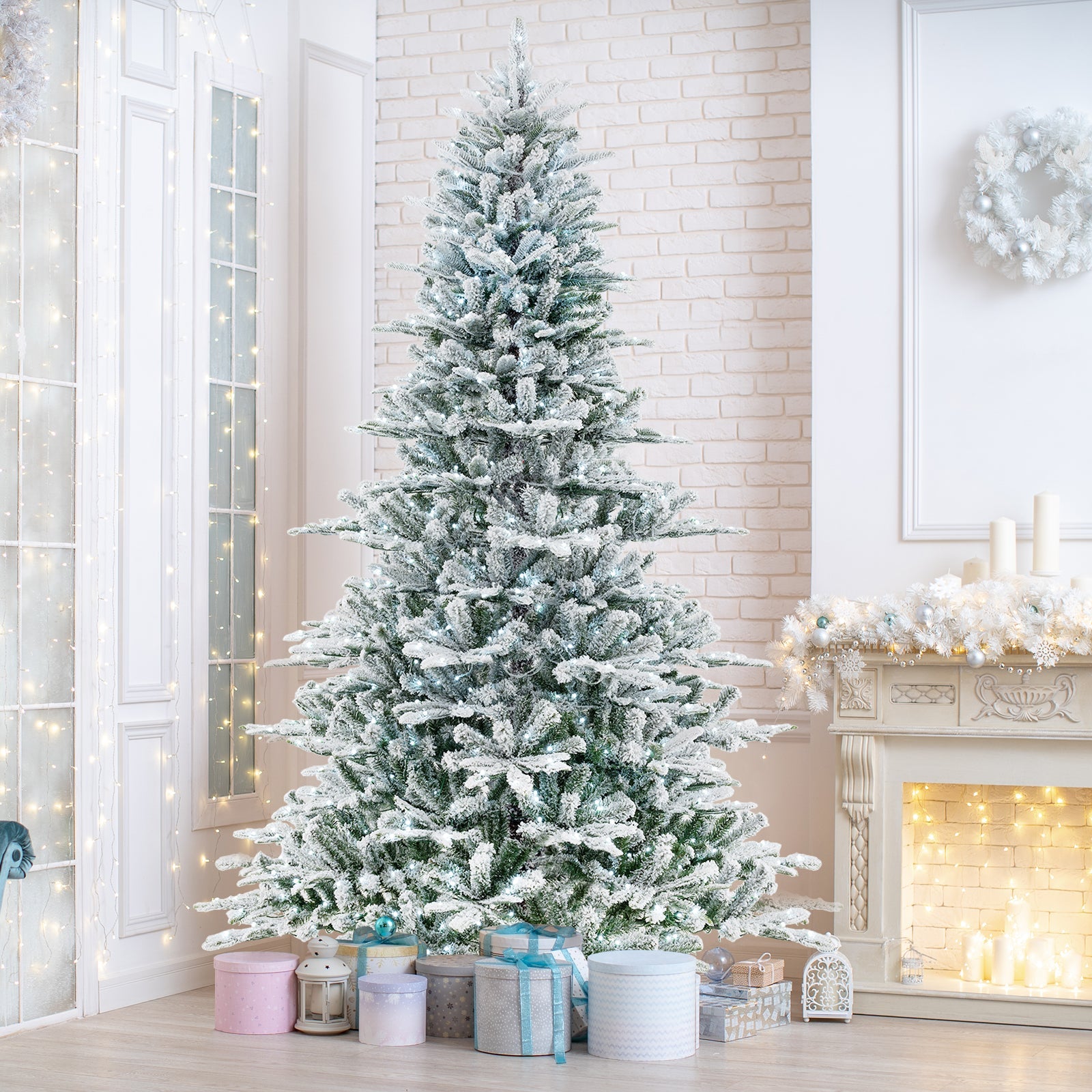 8 Feet Snow Flocked Artificial Christmas Tree with Cool White LED Lights