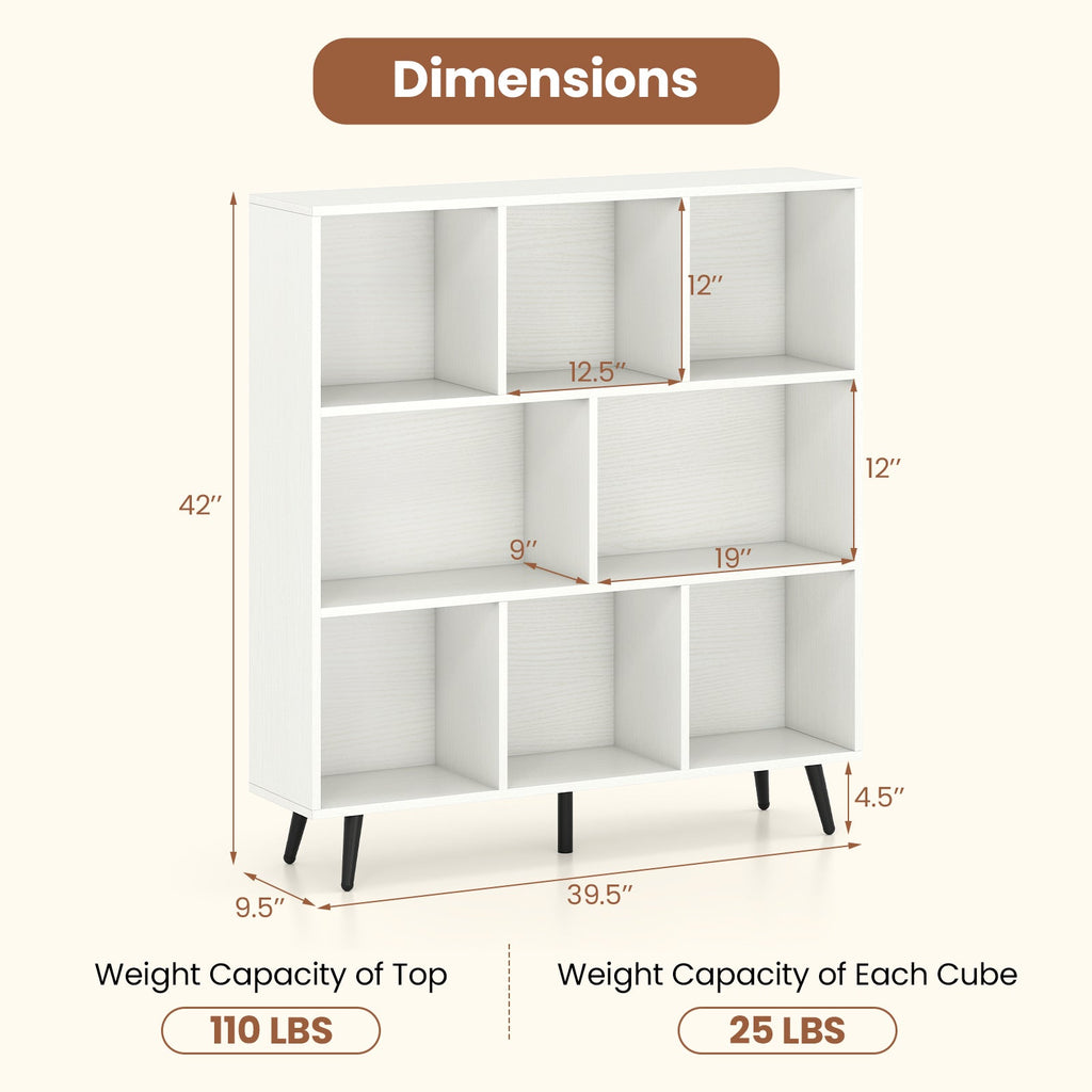 8-Cube Bookcase with 5 Tapered Metal Legs-White