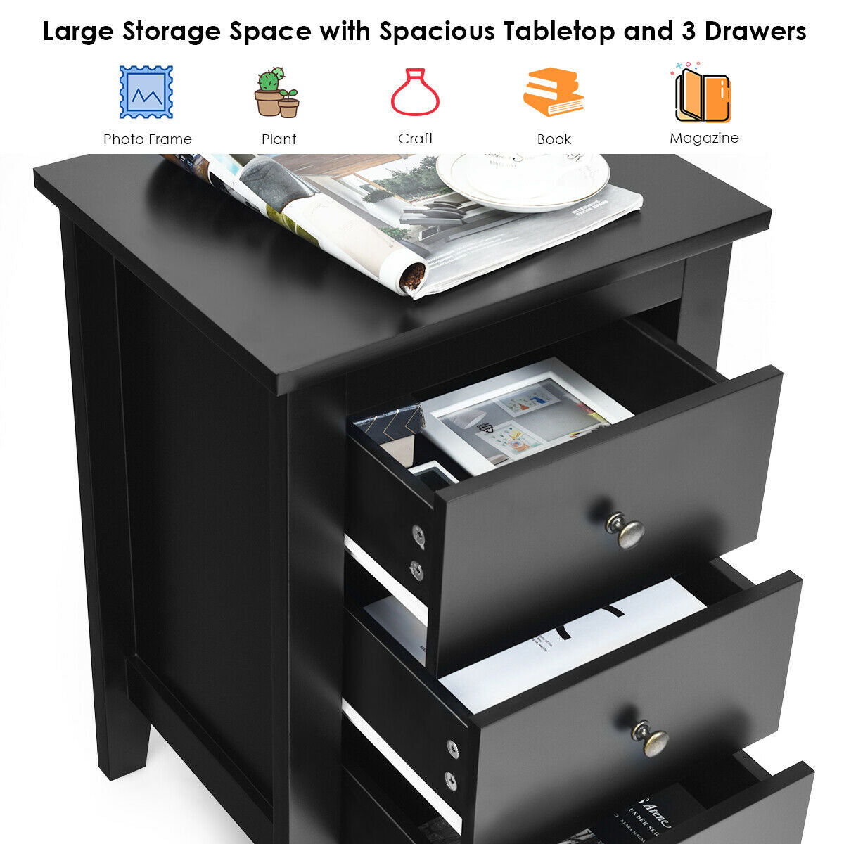 Set of 2 Nightstand End Beside Table Drawers-Black